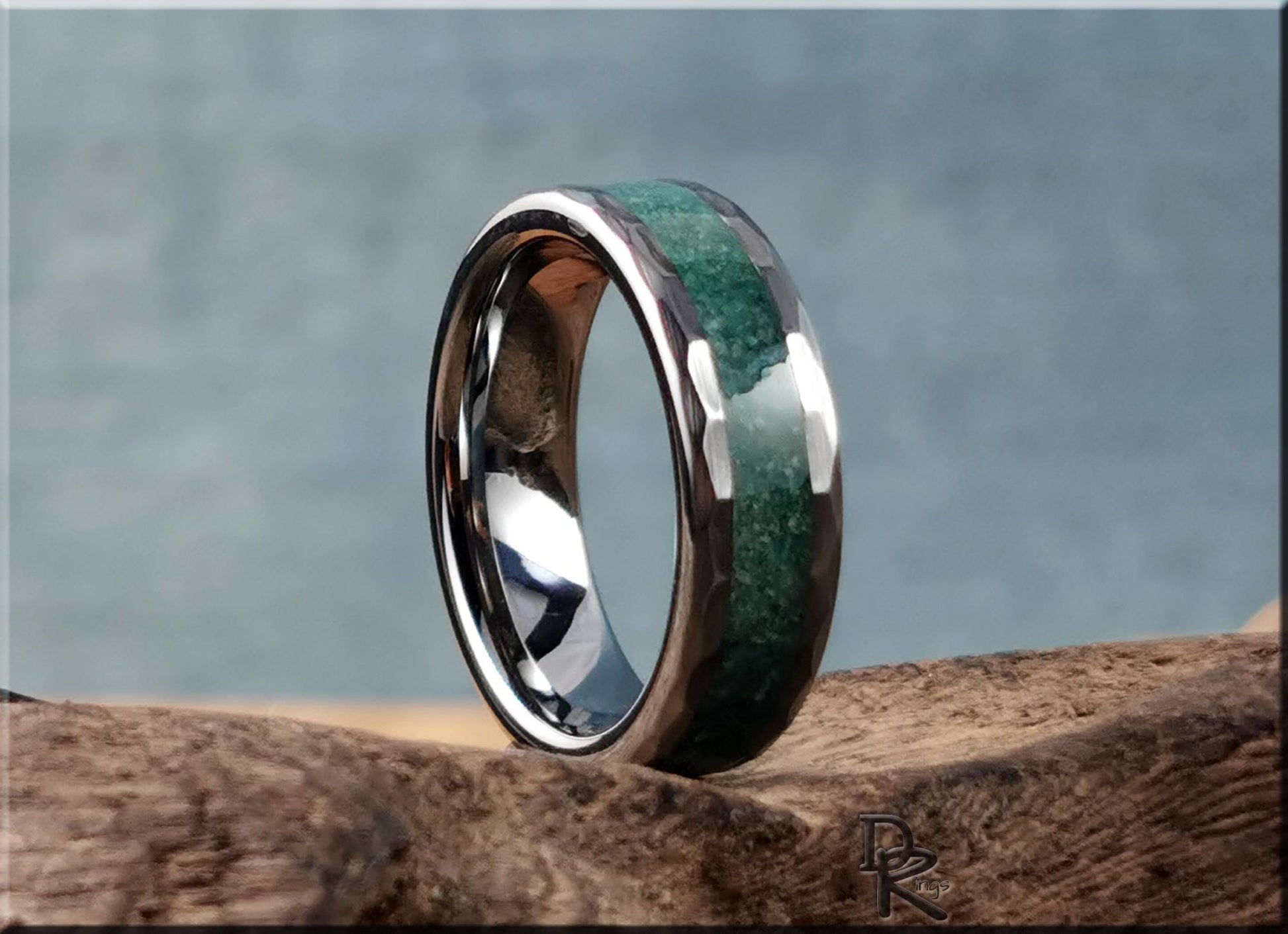 Hammered Tungsten Carbide Channel Ring w/Amazonite inlay - metal ring