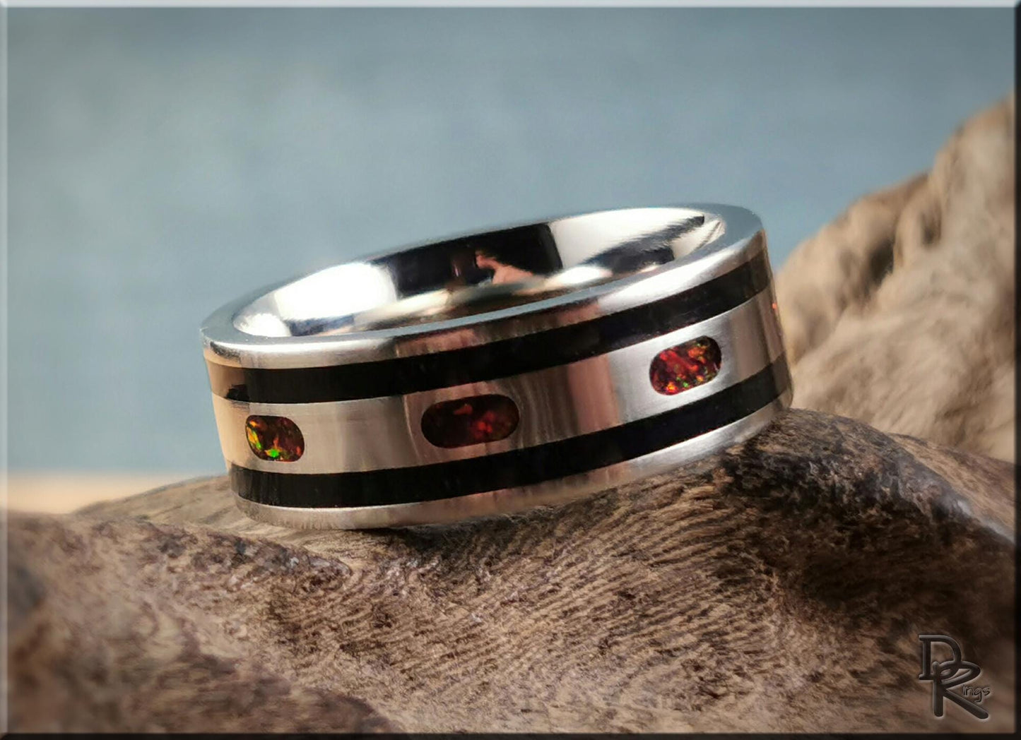 The 'Channel Capsules' Titanium Pattern Ring w/Tourmaline and Opal inlays - metal ring