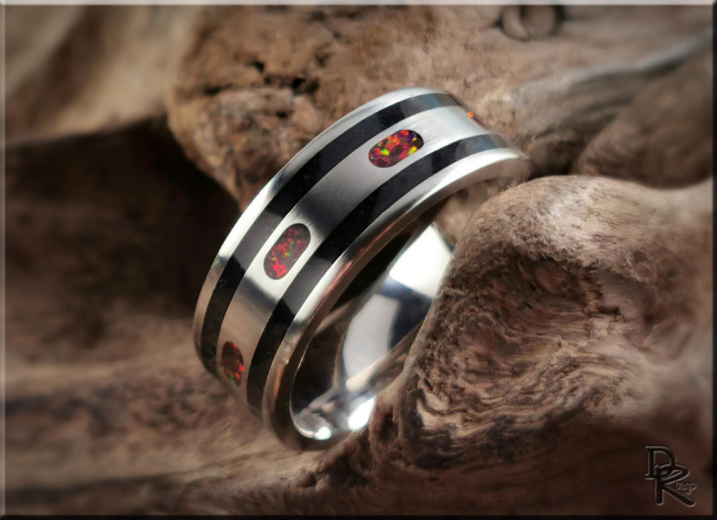 The 'Channel Capsules' Titanium Pattern Ring w/Tourmaline and Opal inlays - metal ring