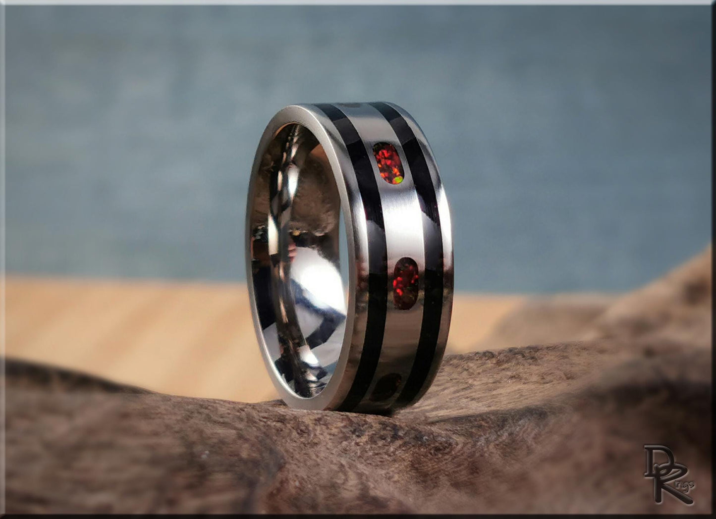 The 'Channel Capsules' Titanium Pattern Ring w/Tourmaline and Opal inlays - metal ring