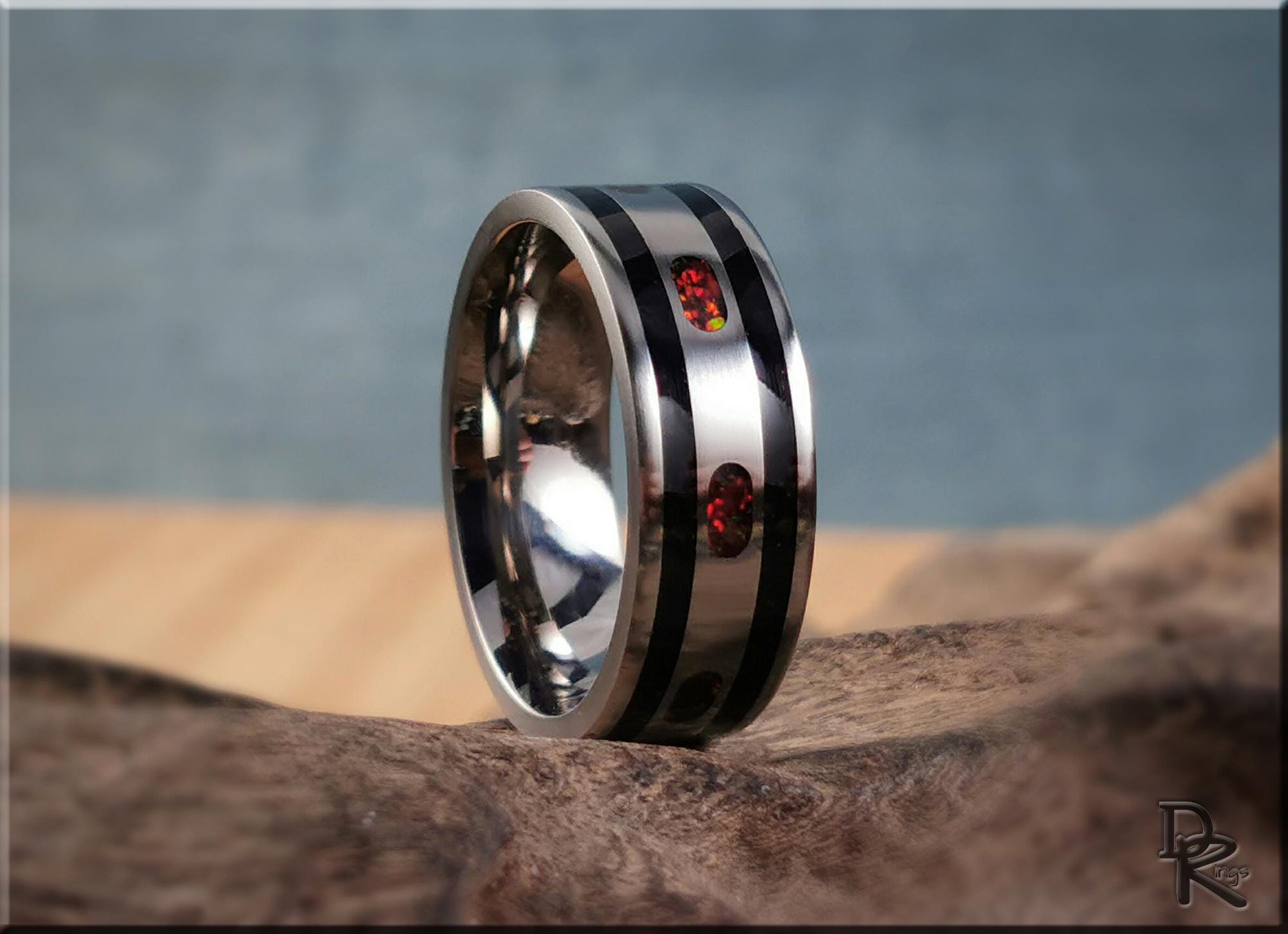 The 'Channel Capsules' Titanium Pattern Ring w/Tourmaline and Opal inlays - metal ring