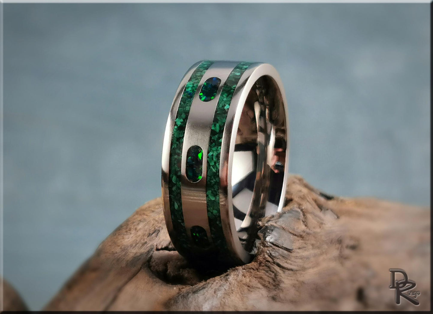 The 'Channel Capsules' Titanium Pattern Ring w/Malachite and Opal inlays - metal ring
