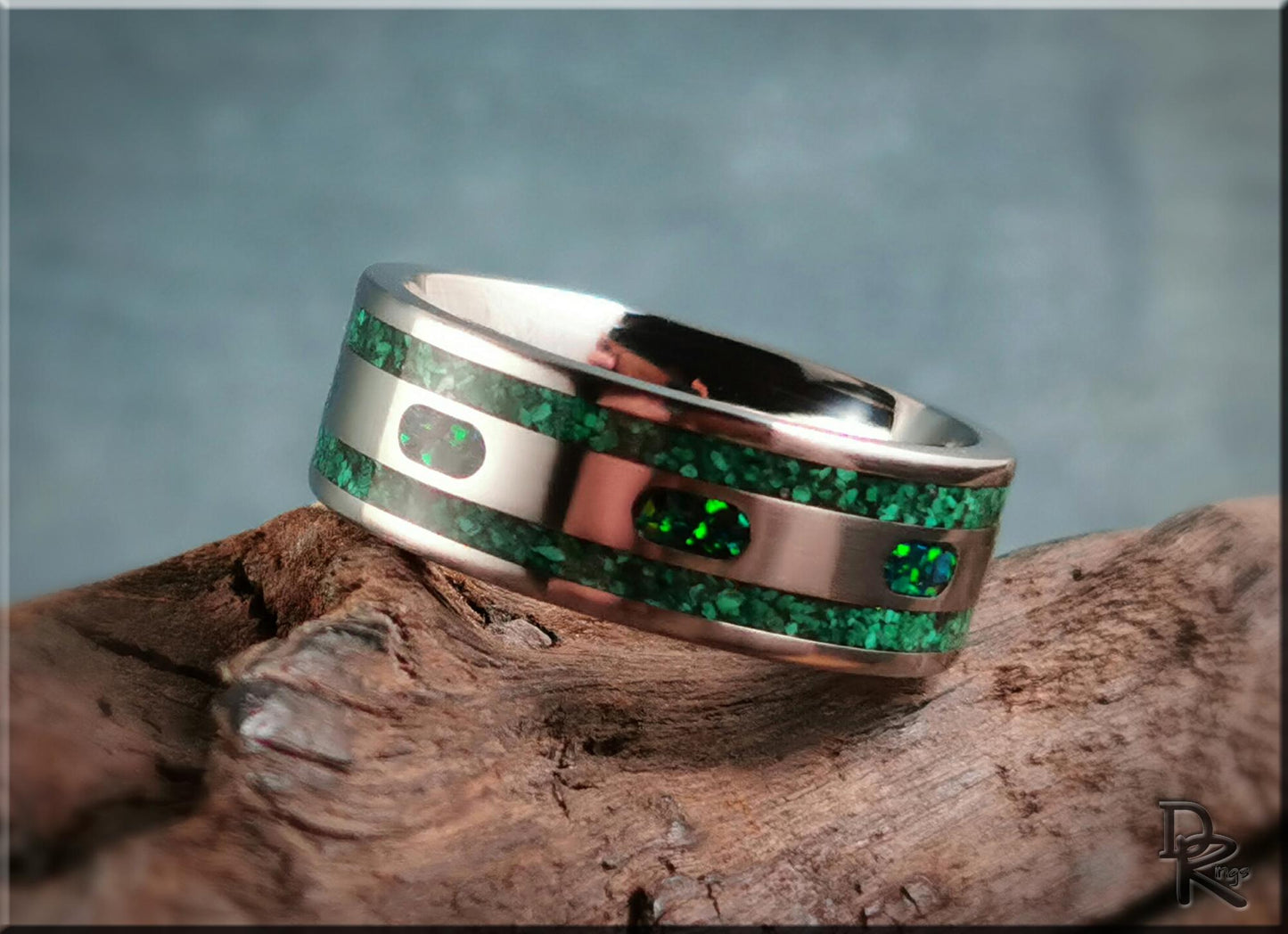The 'Channel Capsules' Titanium Pattern Ring w/Malachite and Opal inlays - metal ring