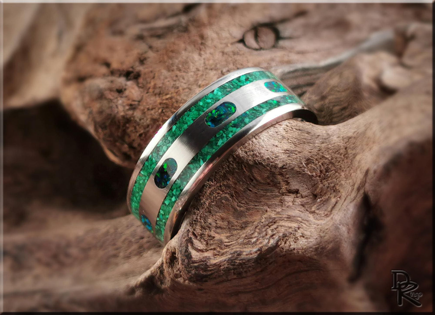 The 'Channel Capsules' Titanium Pattern Ring w/Malachite and Opal inlays - metal ring