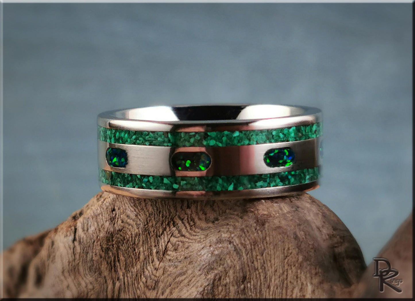 The 'Channel Capsules' Titanium Pattern Ring w/Malachite and Opal inlays - metal ring