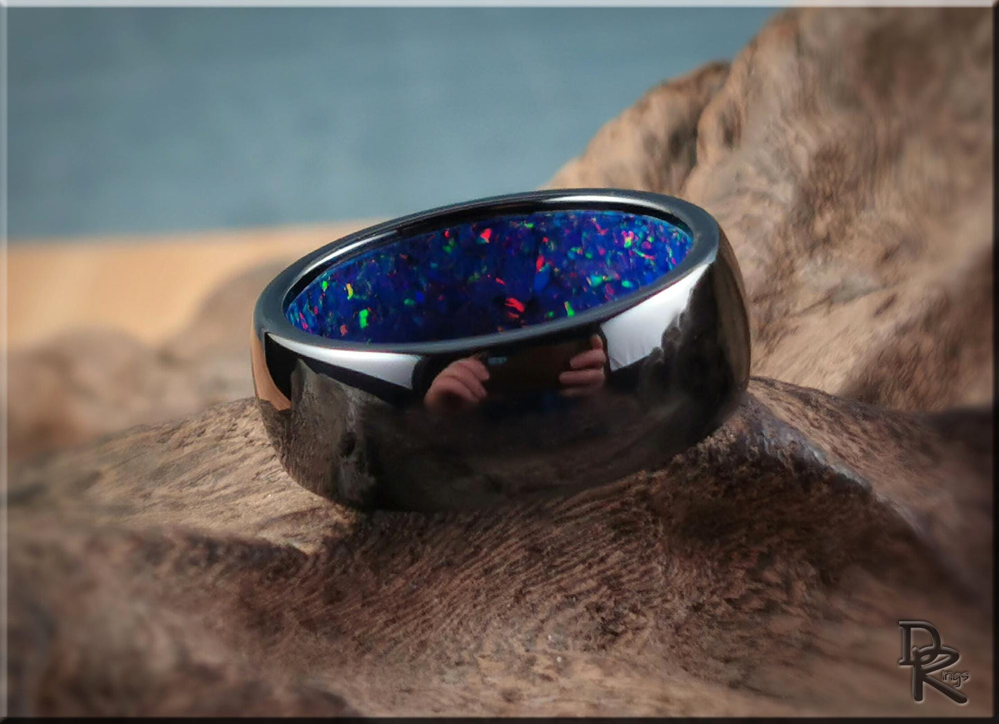 Polished Black Ceramic Inner Channel Ring w/Opal inlay - ceramic ring