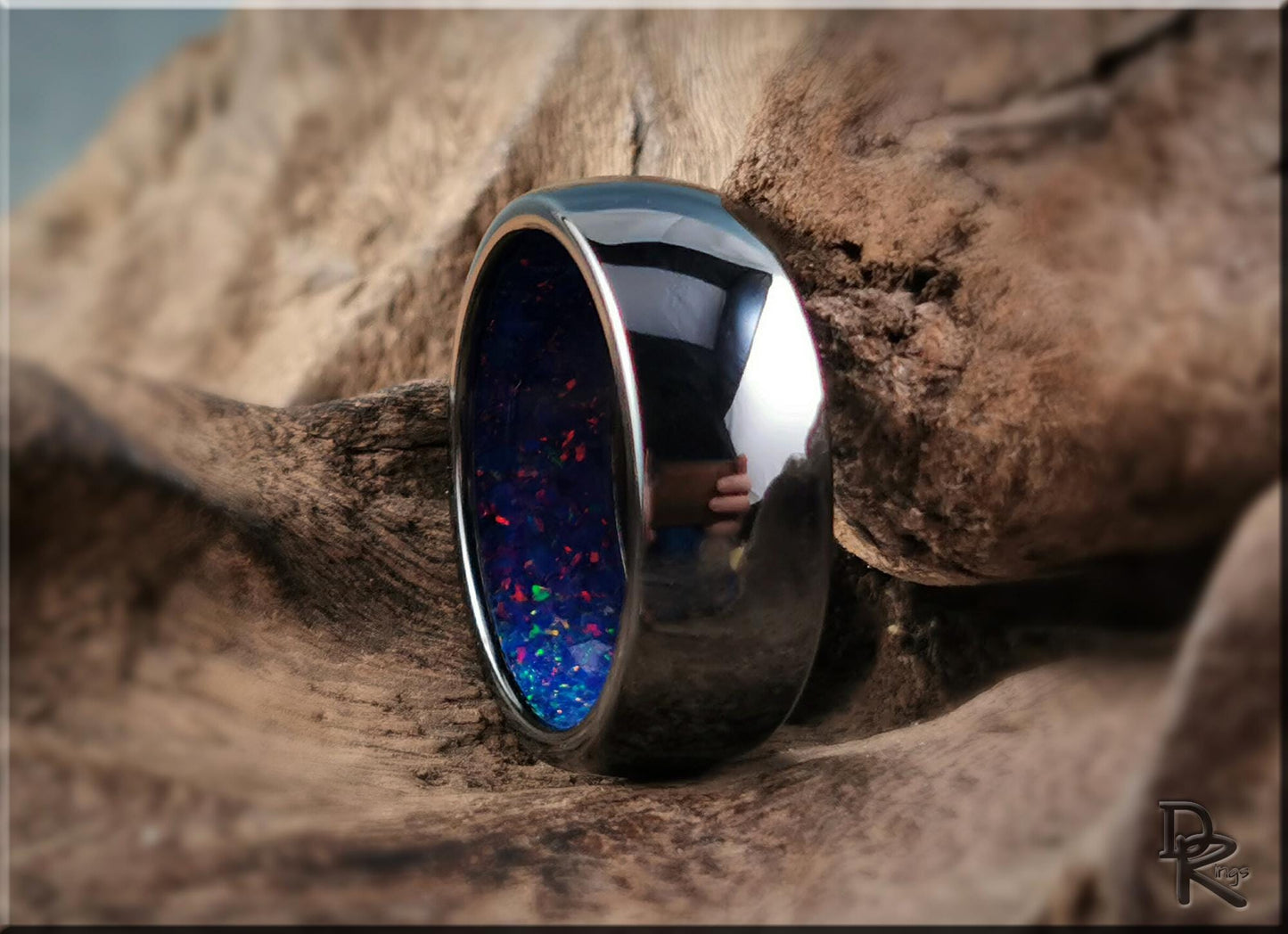 Polished Black Ceramic Inner Channel Ring w/Opal inlay - ceramic ring