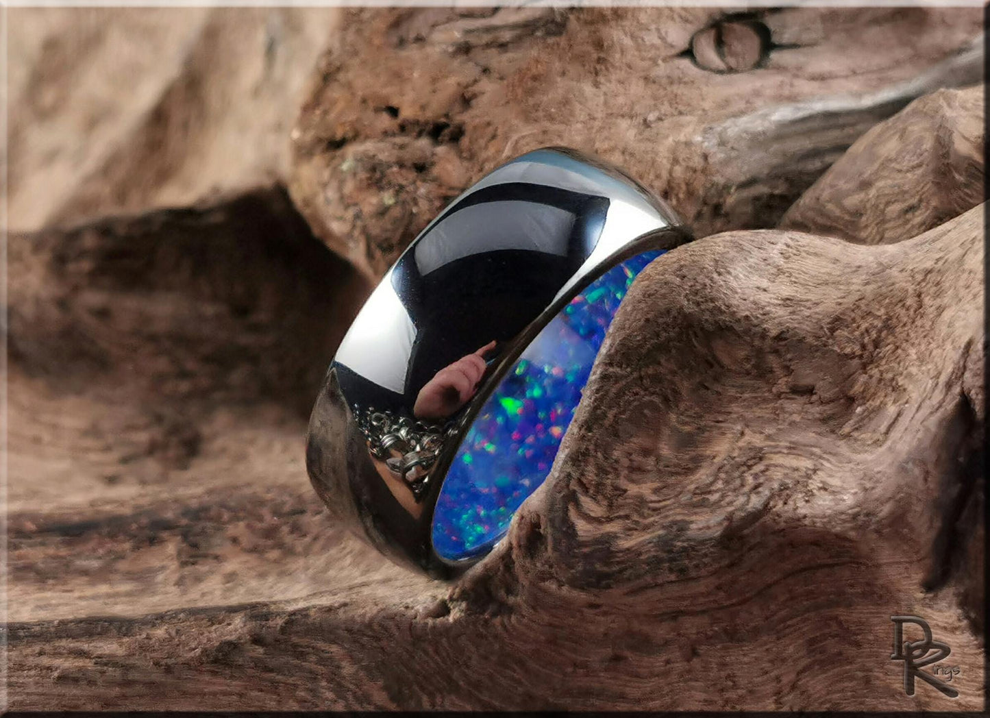 Polished Black Ceramic Inner Channel Ring w/Opal inlay - ceramic ring