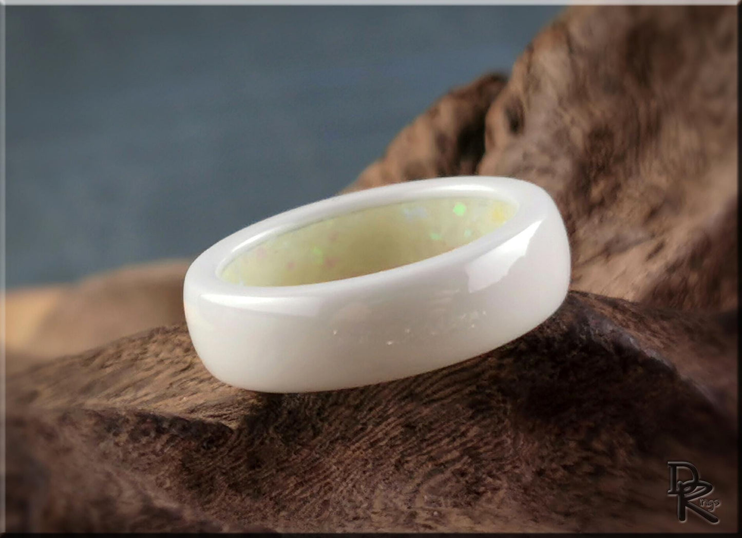 Polished White Ceramic Inner Channel Ring w/Opal and Glow inlay - ceramic ring