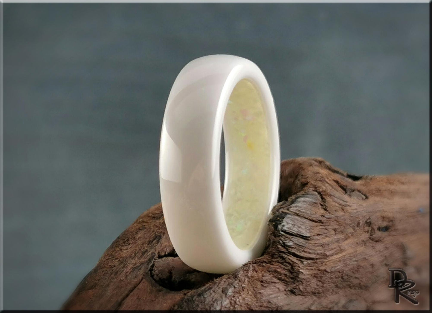 Polished White Ceramic Inner Channel Ring w/Opal and Glow inlay - ceramic ring