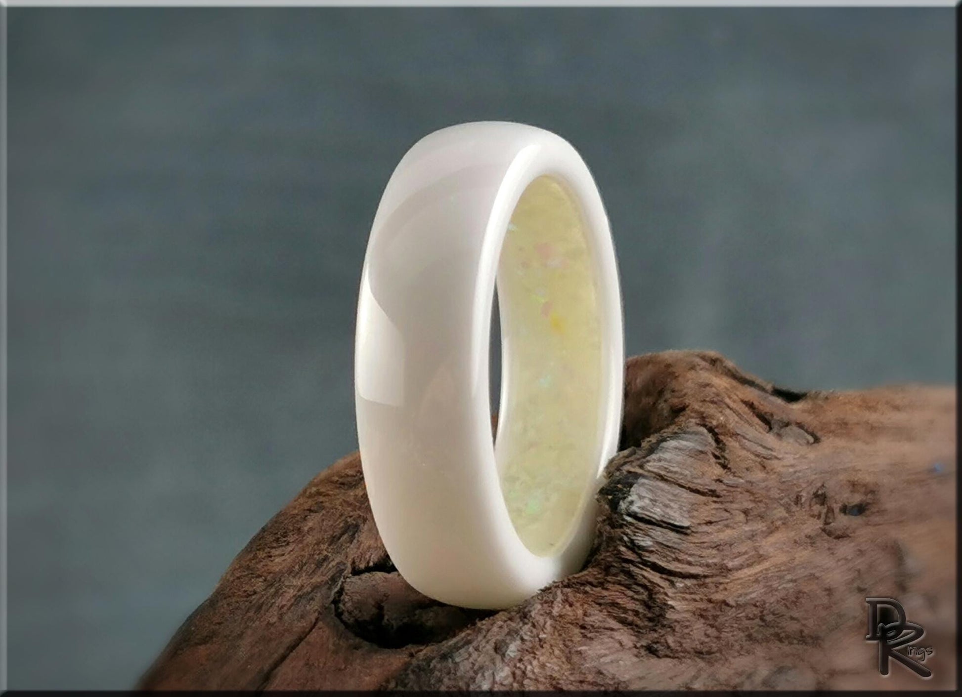 Polished White Ceramic Inner Channel Ring w/Opal and Glow inlay - ceramic ring