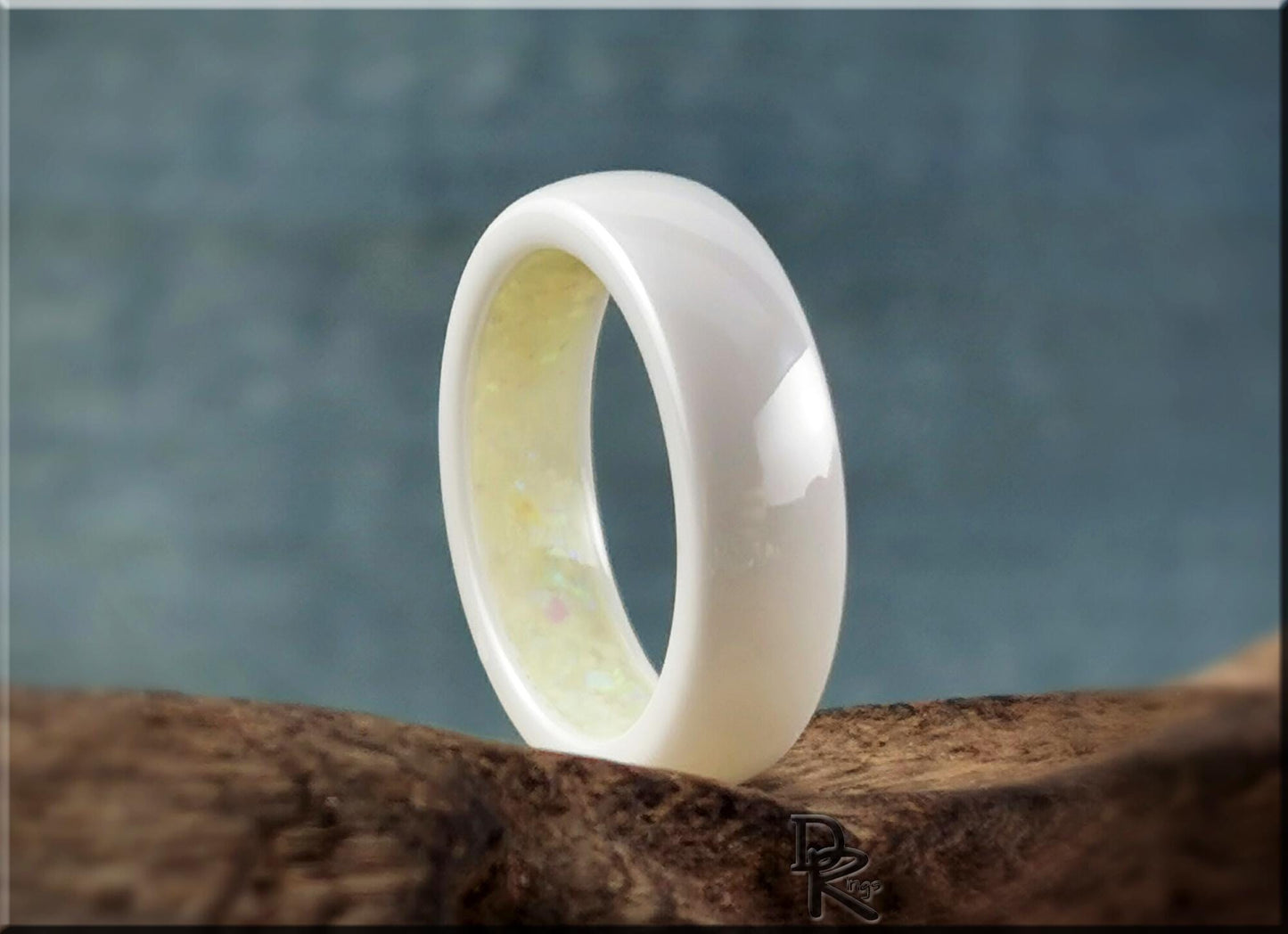 Polished White Ceramic Inner Channel Ring w/Opal and Glow inlay - ceramic ring