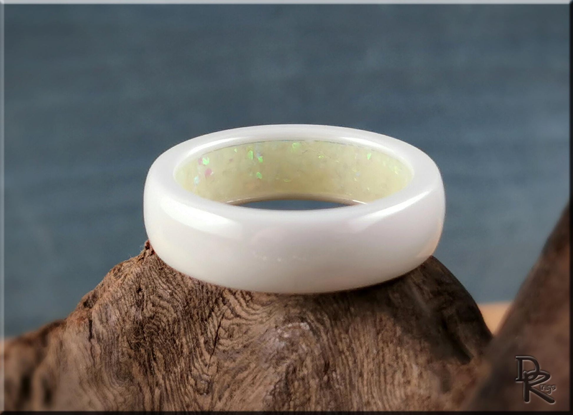 Polished White Ceramic Inner Channel Ring w/Opal and Glow inlay - ceramic ring