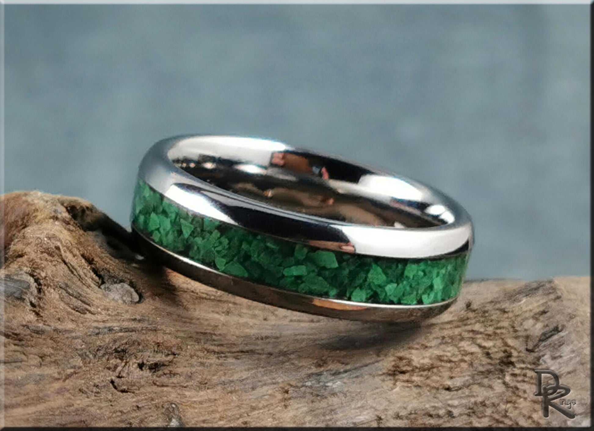 Domed Edge Tungsten Carbide Ring w/Green Malachite inlay - metal ring