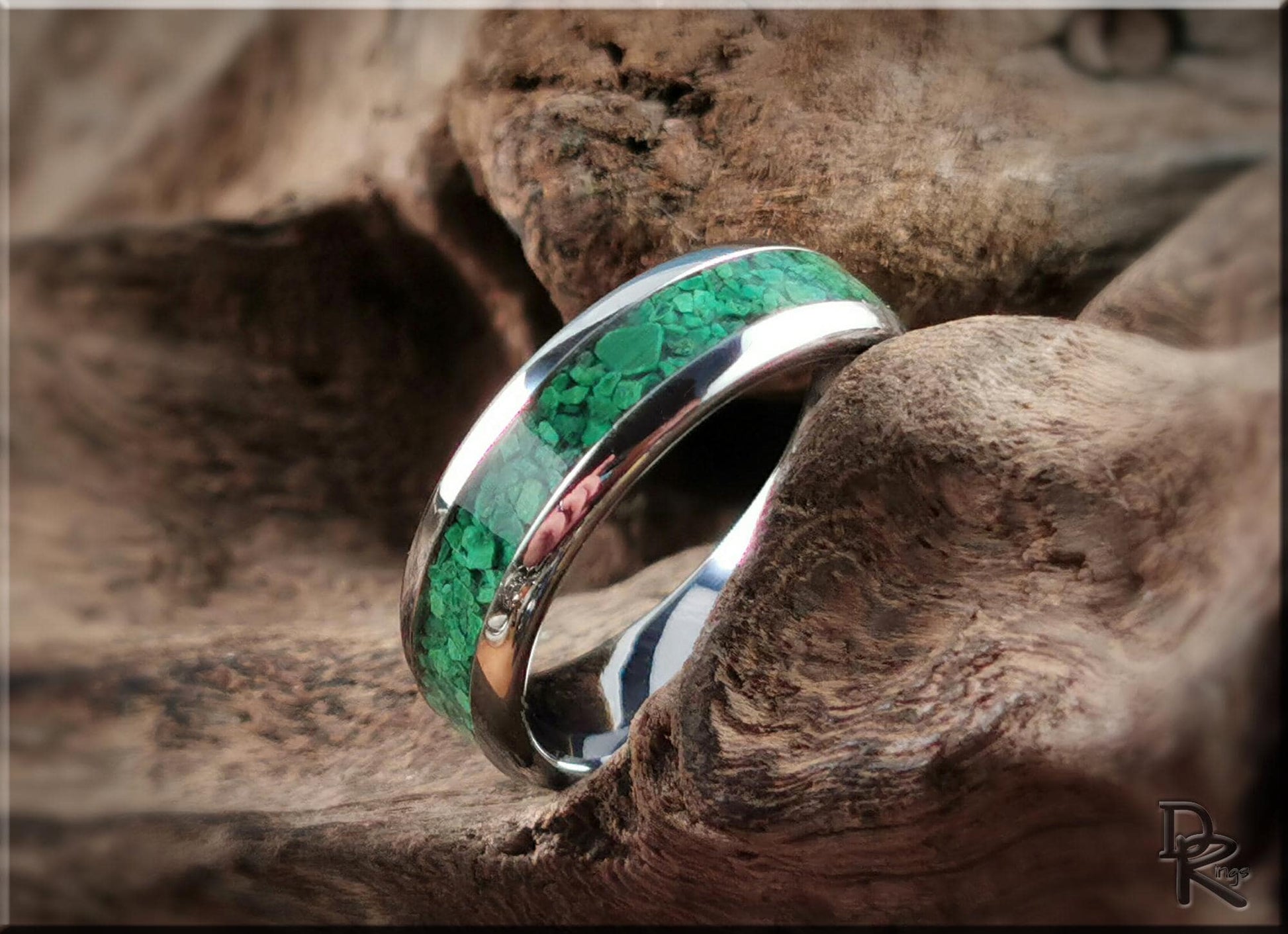 Domed Edge Tungsten Carbide Ring w/Green Malachite inlay - metal ring