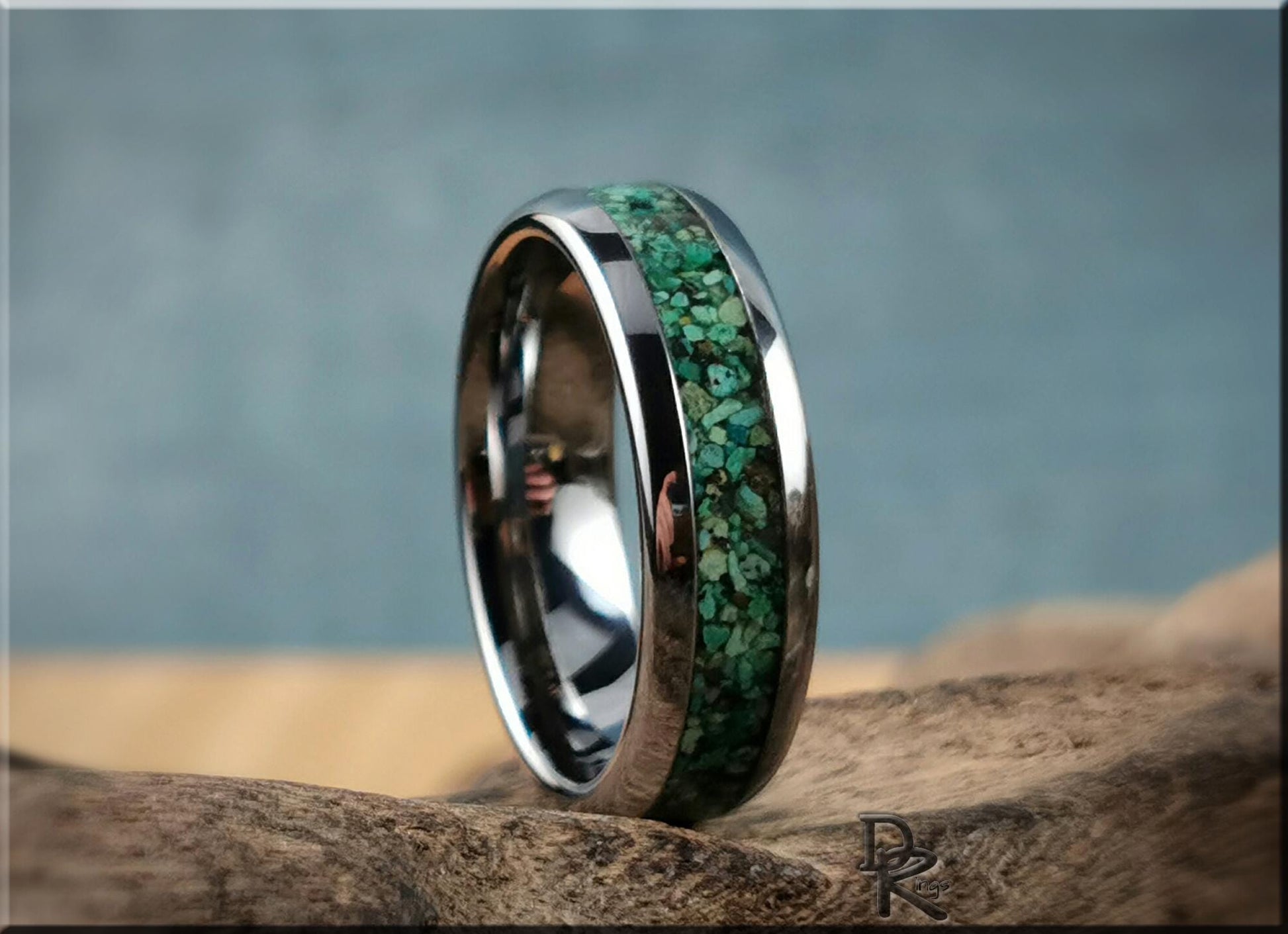 Domed Edge Tungsten Carbide Ring w/Chrysocolla inlay - metal ring