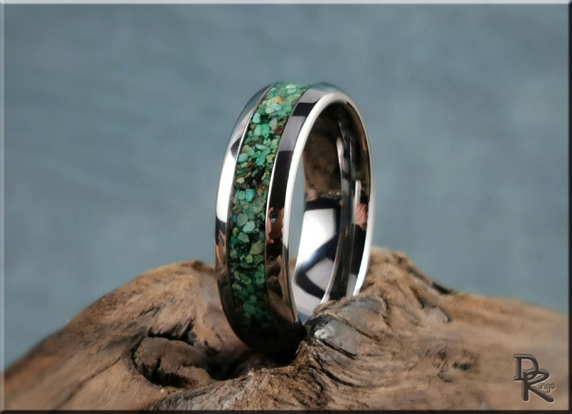 Domed Edge Tungsten Carbide Ring w/Chrysocolla inlay - metal ring