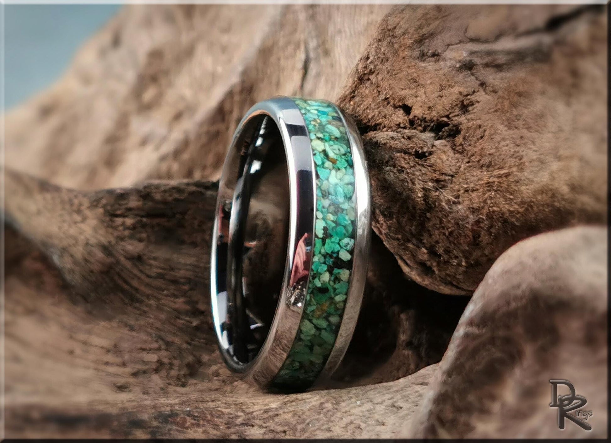 Domed Edge Tungsten Carbide Ring w/Chrysocolla inlay - metal ring