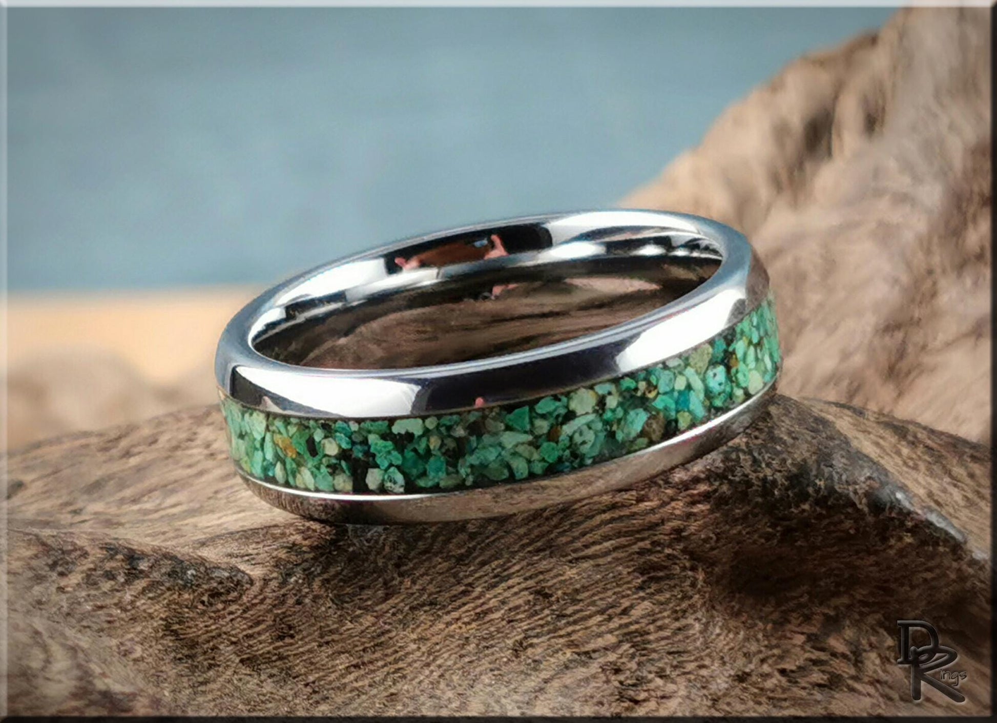 Domed Edge Tungsten Carbide Ring w/Chrysocolla inlay - metal ring