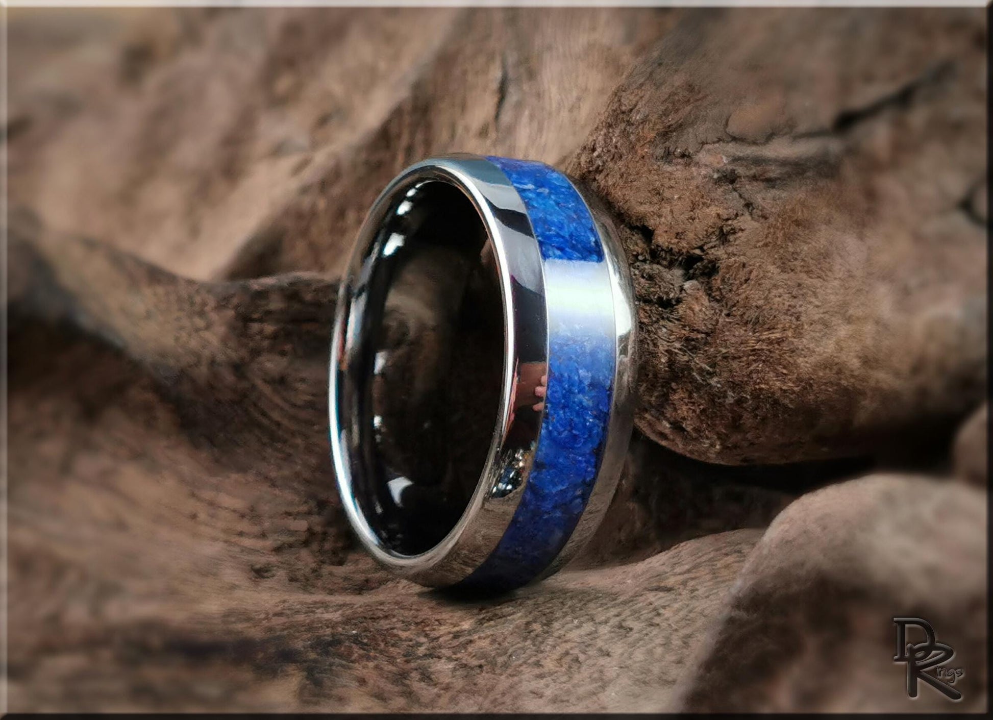 Domed Edge Tungsten Carbide Ring w/Lapis Lazuli inlay - metal ring