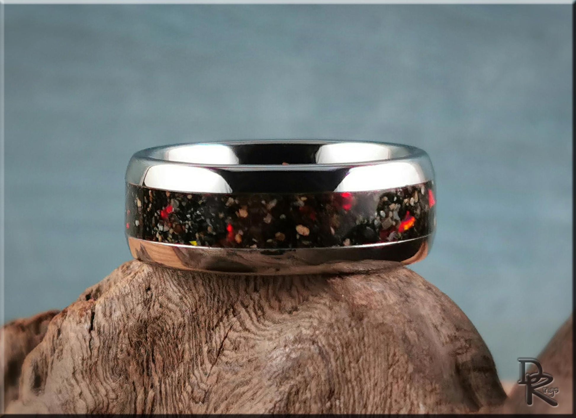 Domed Edge Tungsten Carbide Ring w/Exotic Sand and Opal inlay - metal ring