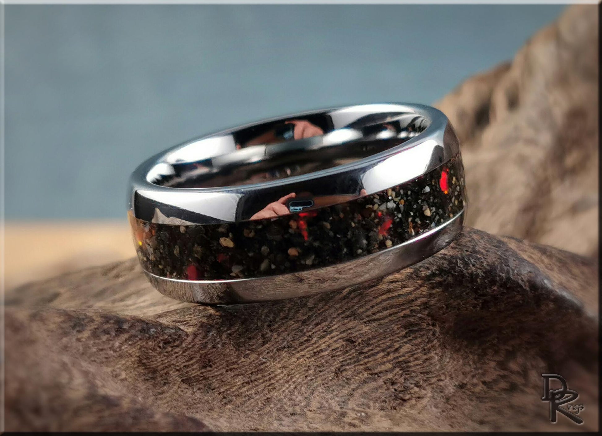 Domed Edge Tungsten Carbide Ring w/Exotic Sand and Opal inlay - metal ring