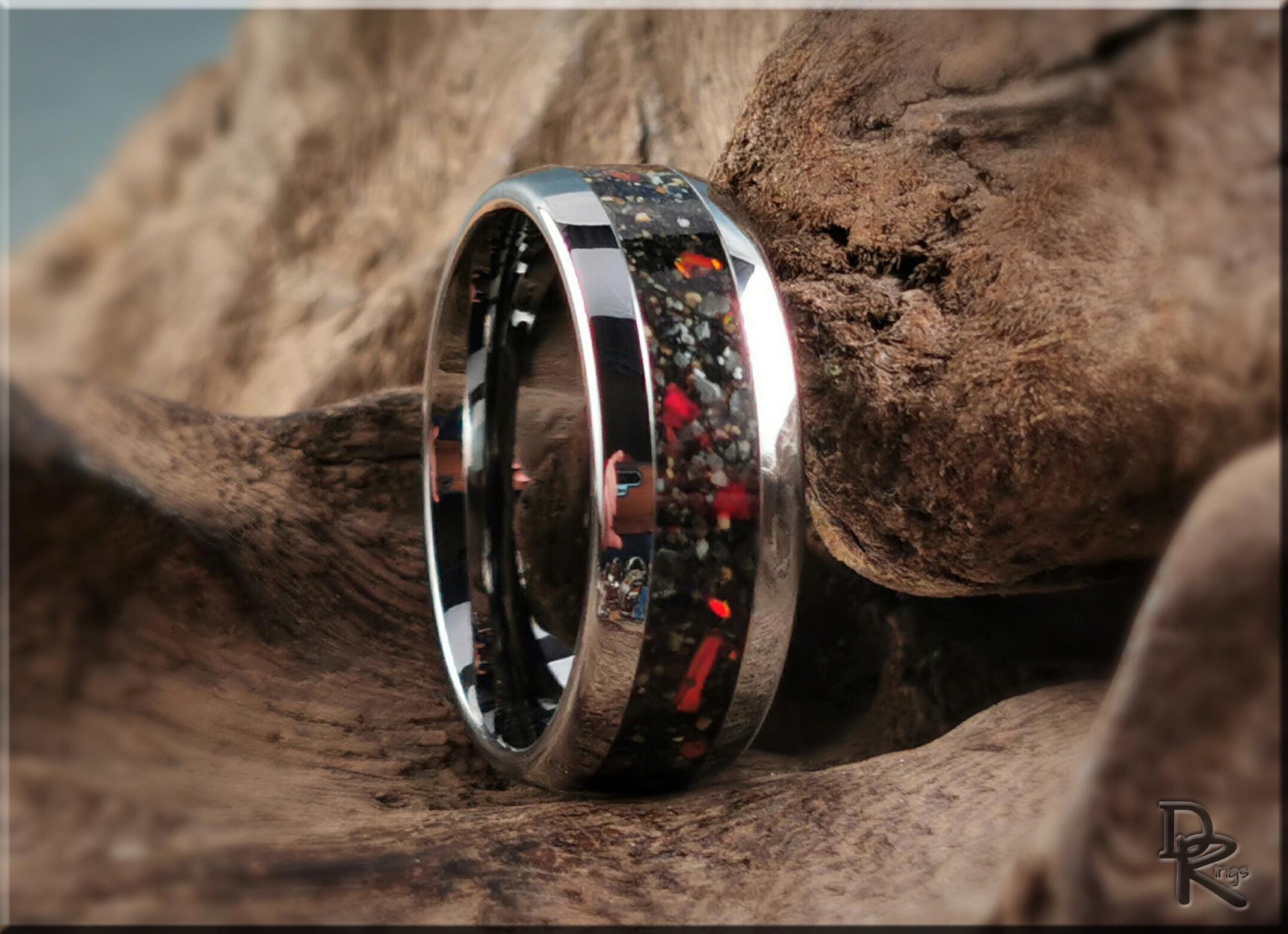 Domed Edge Tungsten Carbide Ring w/Exotic Sand and Opal inlay - metal ring