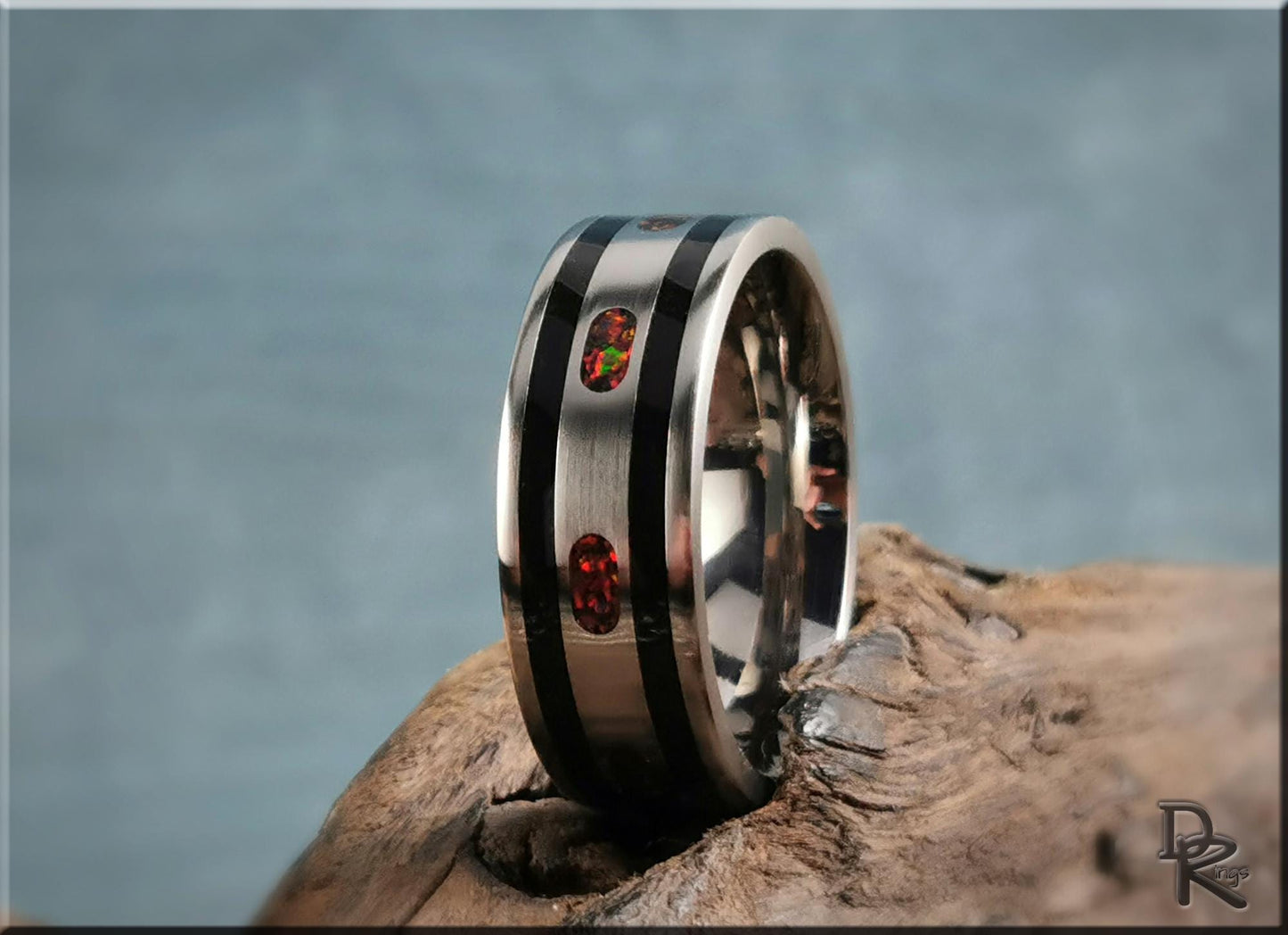 The 'Channel Capsules' Titanium Pattern Ring w/Tourmaline and Opal inlays - metal ring