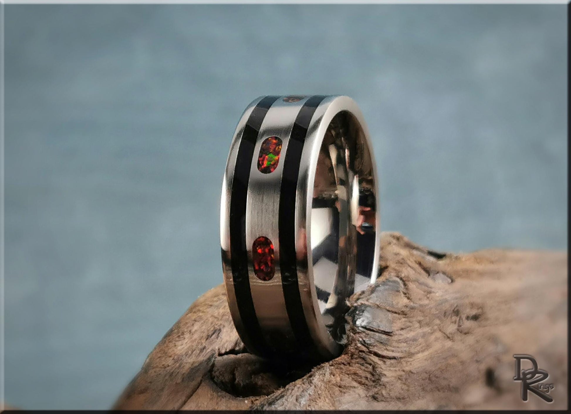 The 'Channel Capsules' Titanium Pattern Ring w/Tourmaline and Opal inlays - metal ring