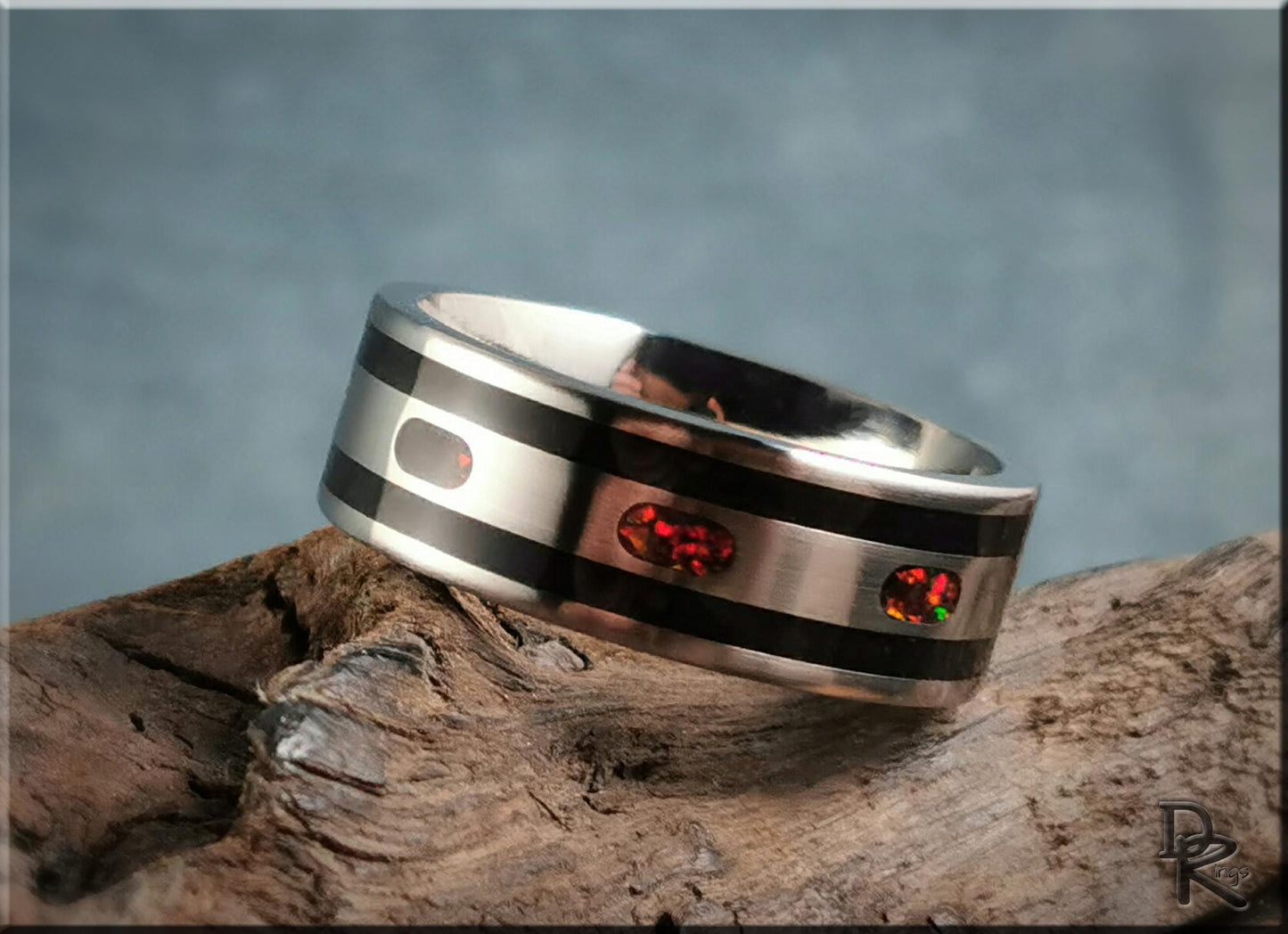 The 'Channel Capsules' Titanium Pattern Ring w/Tourmaline and Opal inlays - metal ring