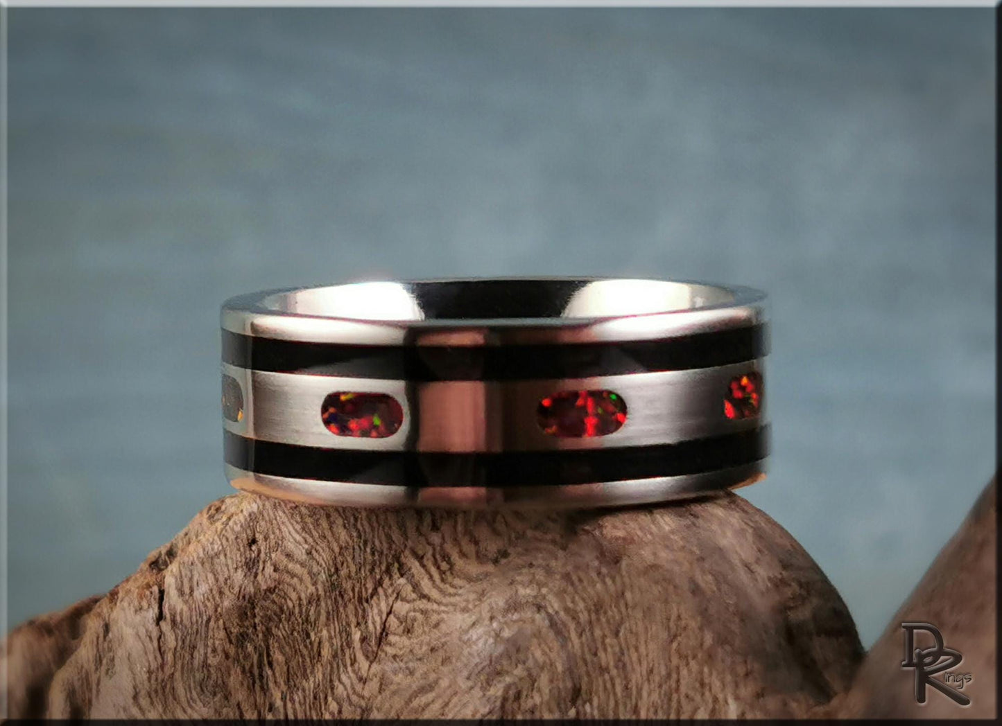 The 'Channel Capsules' Titanium Pattern Ring w/Tourmaline and Opal inlays - metal ring