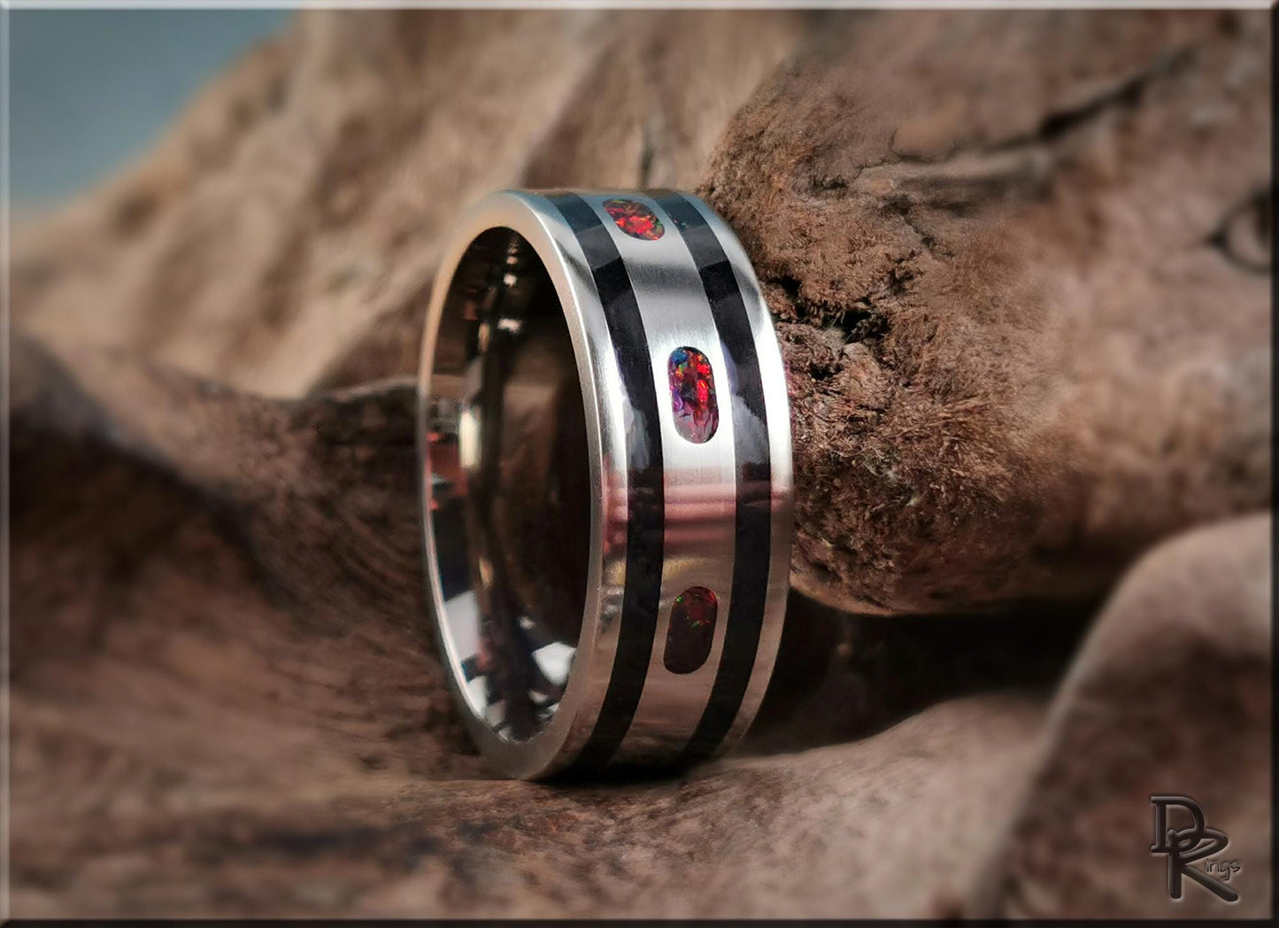 The 'Channel Capsules' Titanium Pattern Ring w/Tourmaline and Opal inlays - metal ring