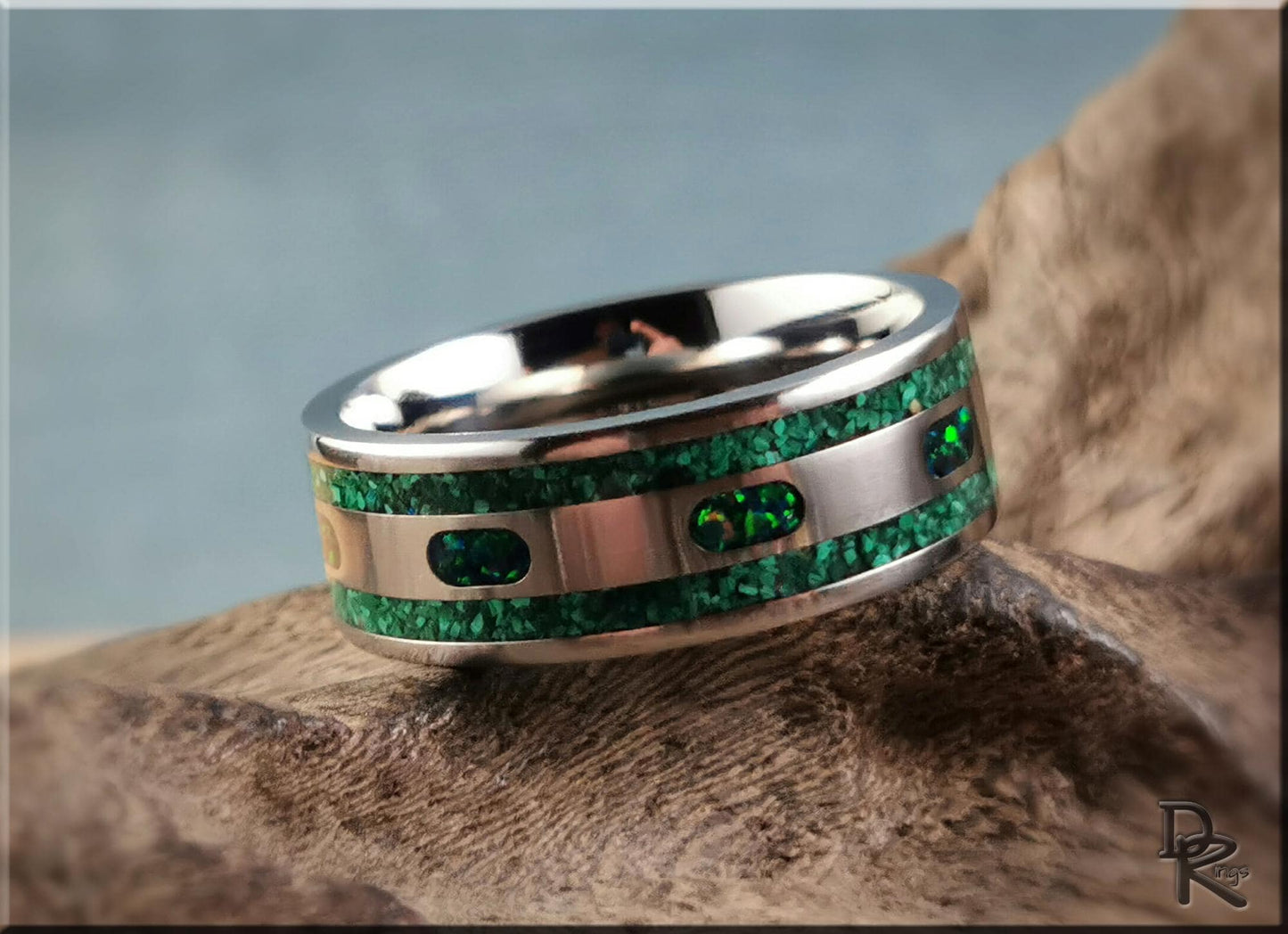 The 'Channel Capsules' Titanium Pattern Ring w/Malachite and Opal inlays - metal ring