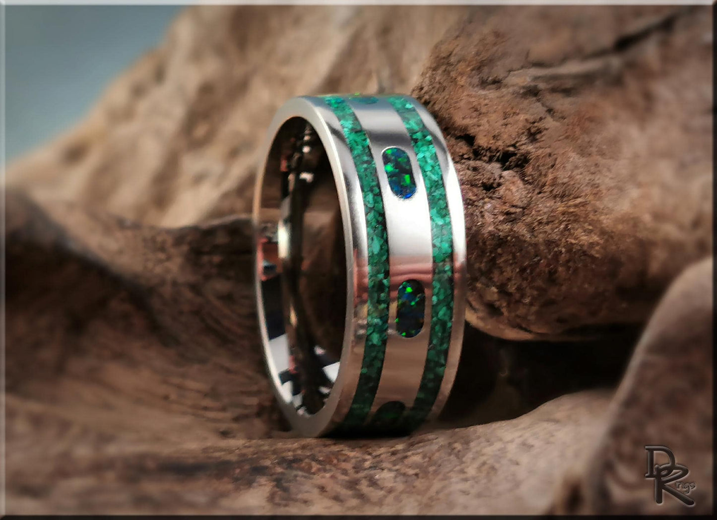 The 'Channel Capsules' Titanium Pattern Ring w/Malachite and Opal inlays - metal ring