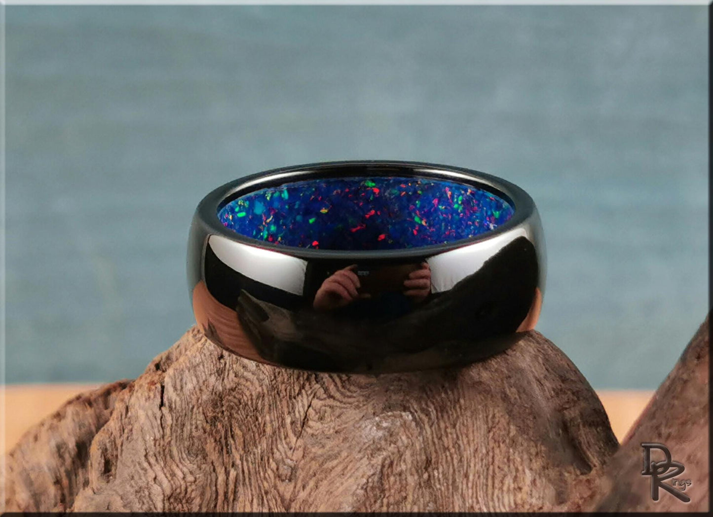 Polished Black Ceramic Inner Channel Ring w/Opal inlay - ceramic ring