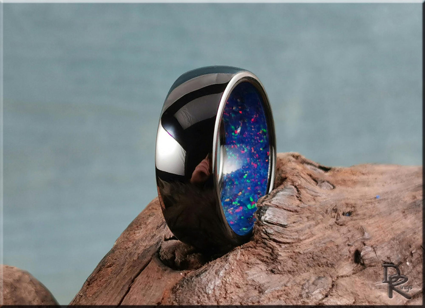 Polished Black Ceramic Inner Channel Ring w/Opal inlay - ceramic ring