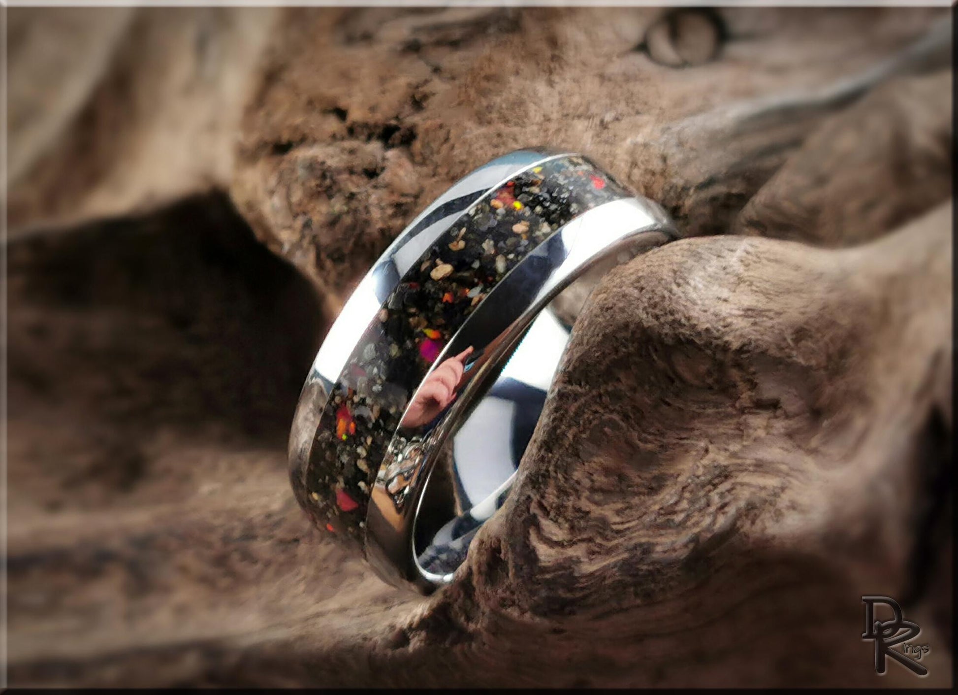 Domed Edge Tungsten Carbide Ring w/Exotic Sand and Opal inlay - metal ring