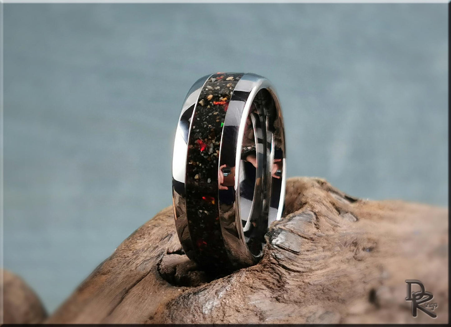 Domed Edge Tungsten Carbide Ring w/Exotic Sand and Opal inlay - metal ring