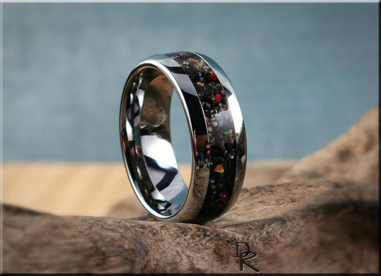 Domed Edge Tungsten Carbide Ring w/Exotic Sand and Opal inlay - metal ring