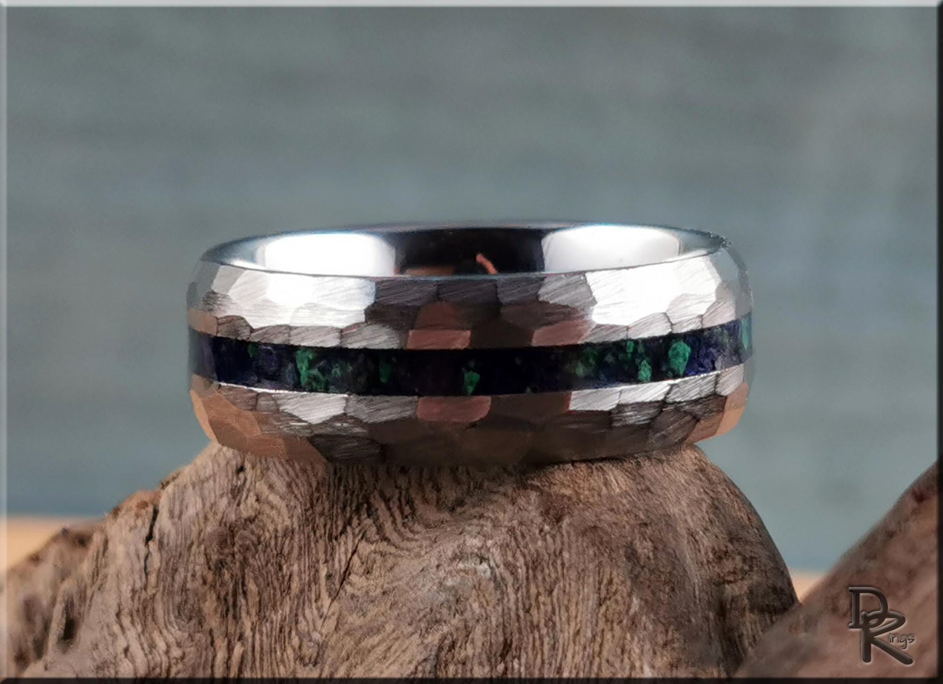 Hammered Tungsten Carbide Channel Ring w/Azurite-Malachite inlay - metal ring