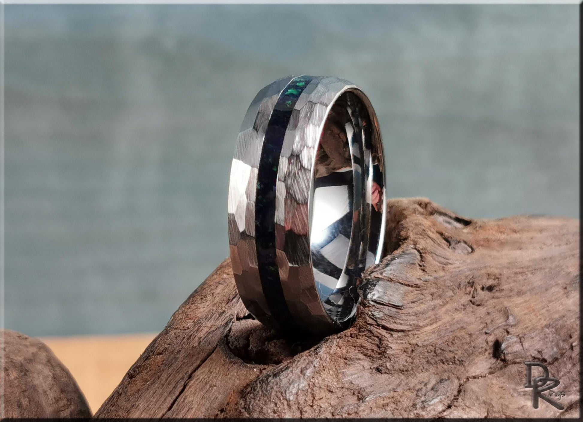 Hammered Tungsten Carbide Channel Ring w/Azurite-Malachite inlay - metal ring