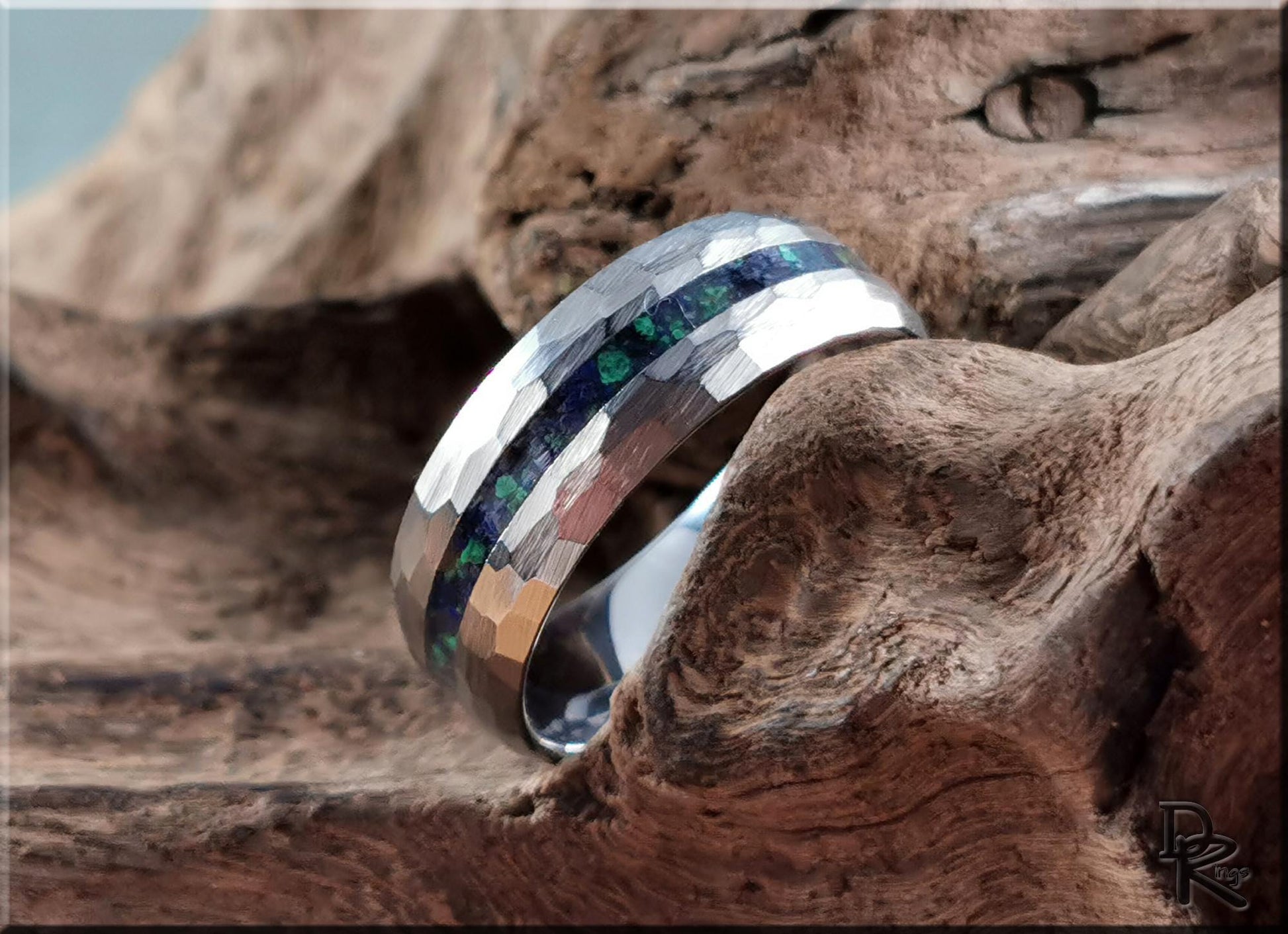Hammered Tungsten Carbide Channel Ring w/Azurite-Malachite inlay - metal ring
