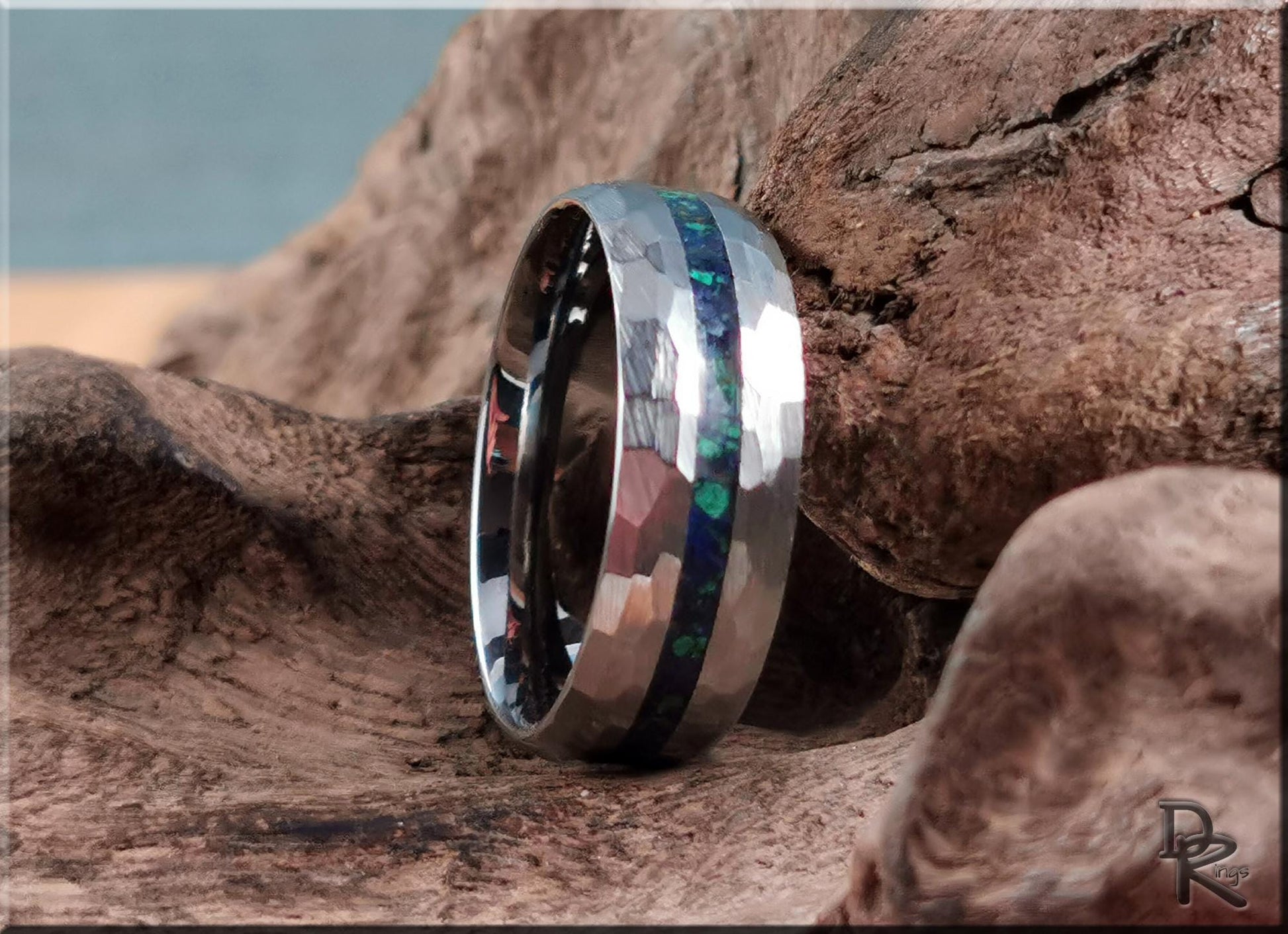 Hammered Tungsten Carbide Channel Ring w/Azurite-Malachite inlay - metal ring