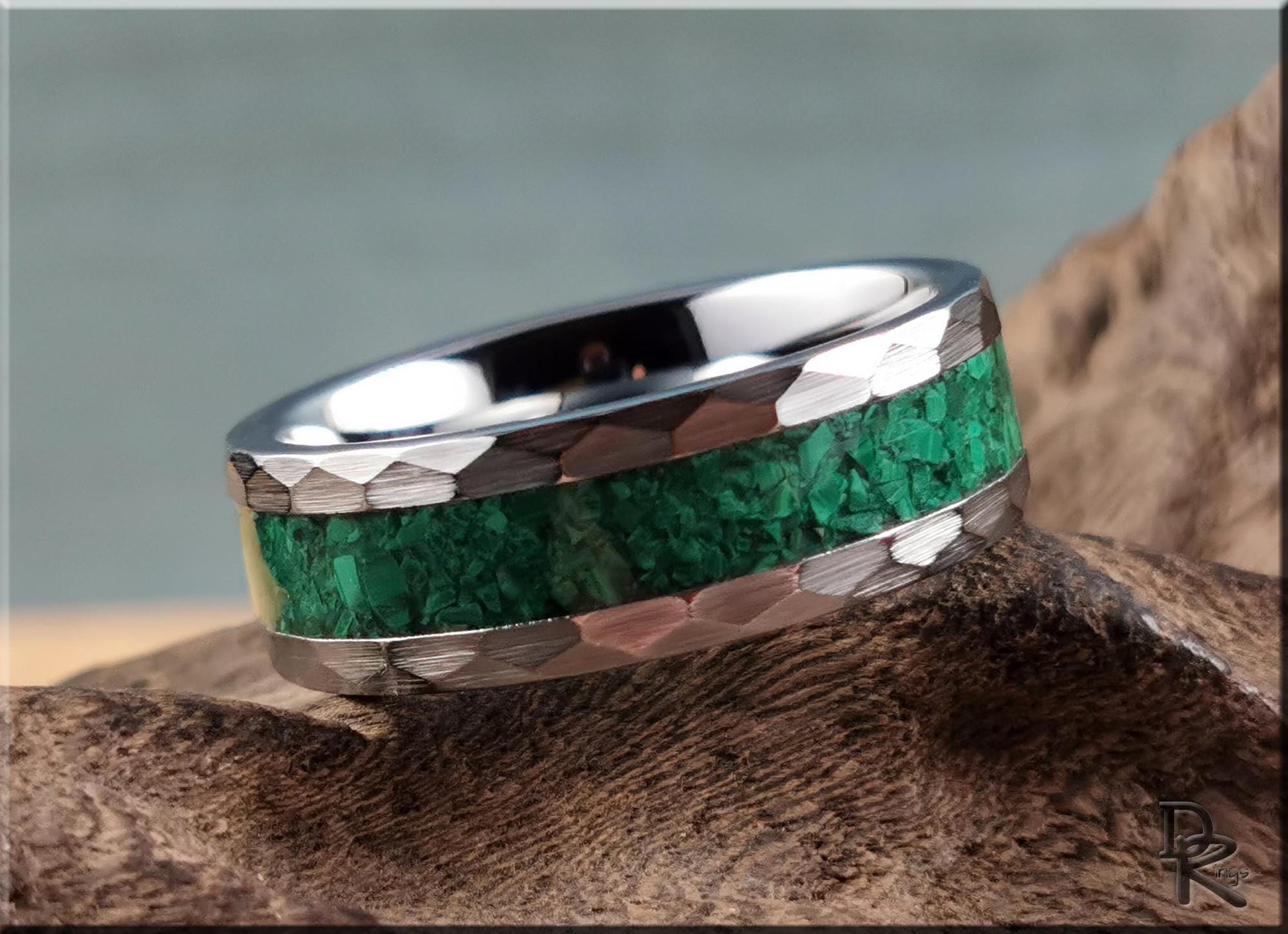 Hammered Tungsten Carbide Channel Ring w/Green Malachiteinlay - metal ring
