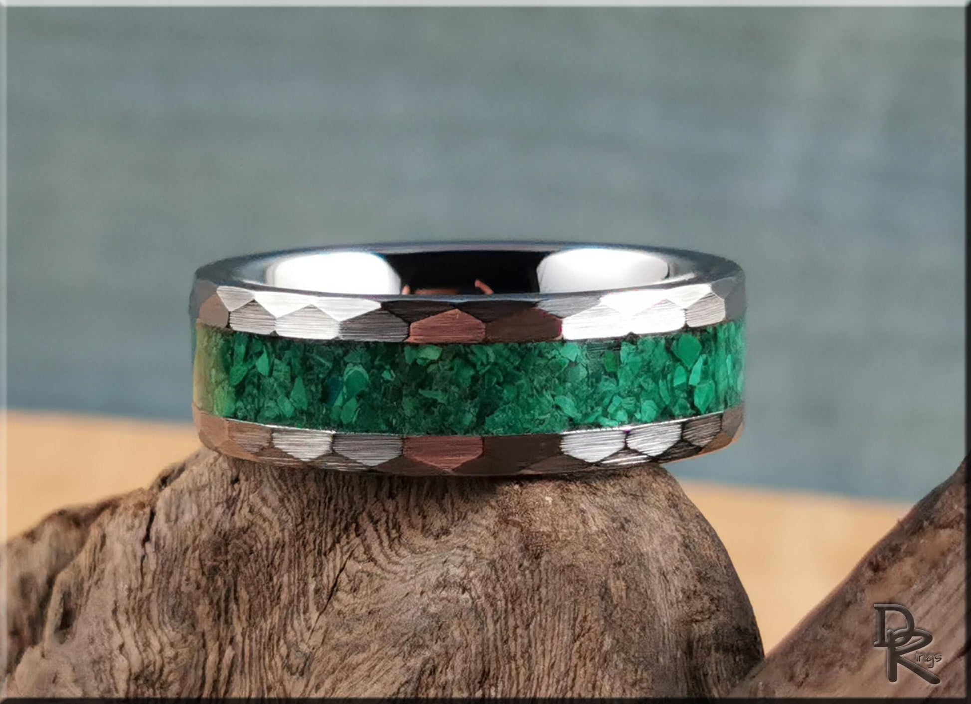 Hammered Tungsten Carbide Channel Ring w/Green Malachiteinlay - metal ring