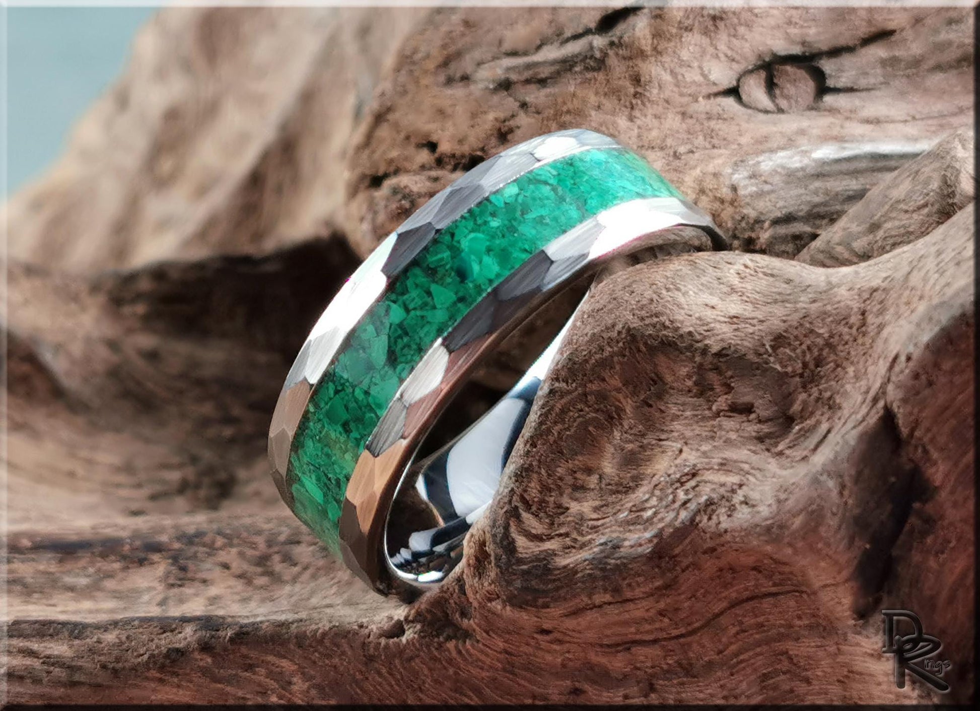 Hammered Tungsten Carbide Channel Ring w/Green Malachiteinlay - metal ring