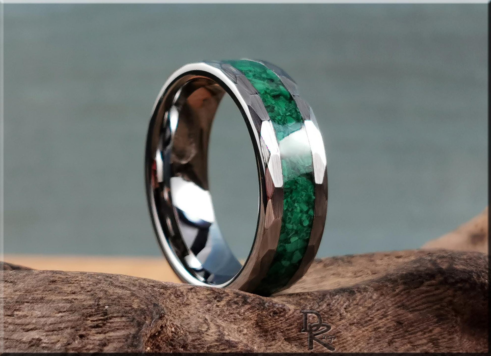 Hammered Tungsten Carbide Channel Ring w/Green Malachiteinlay - metal ring
