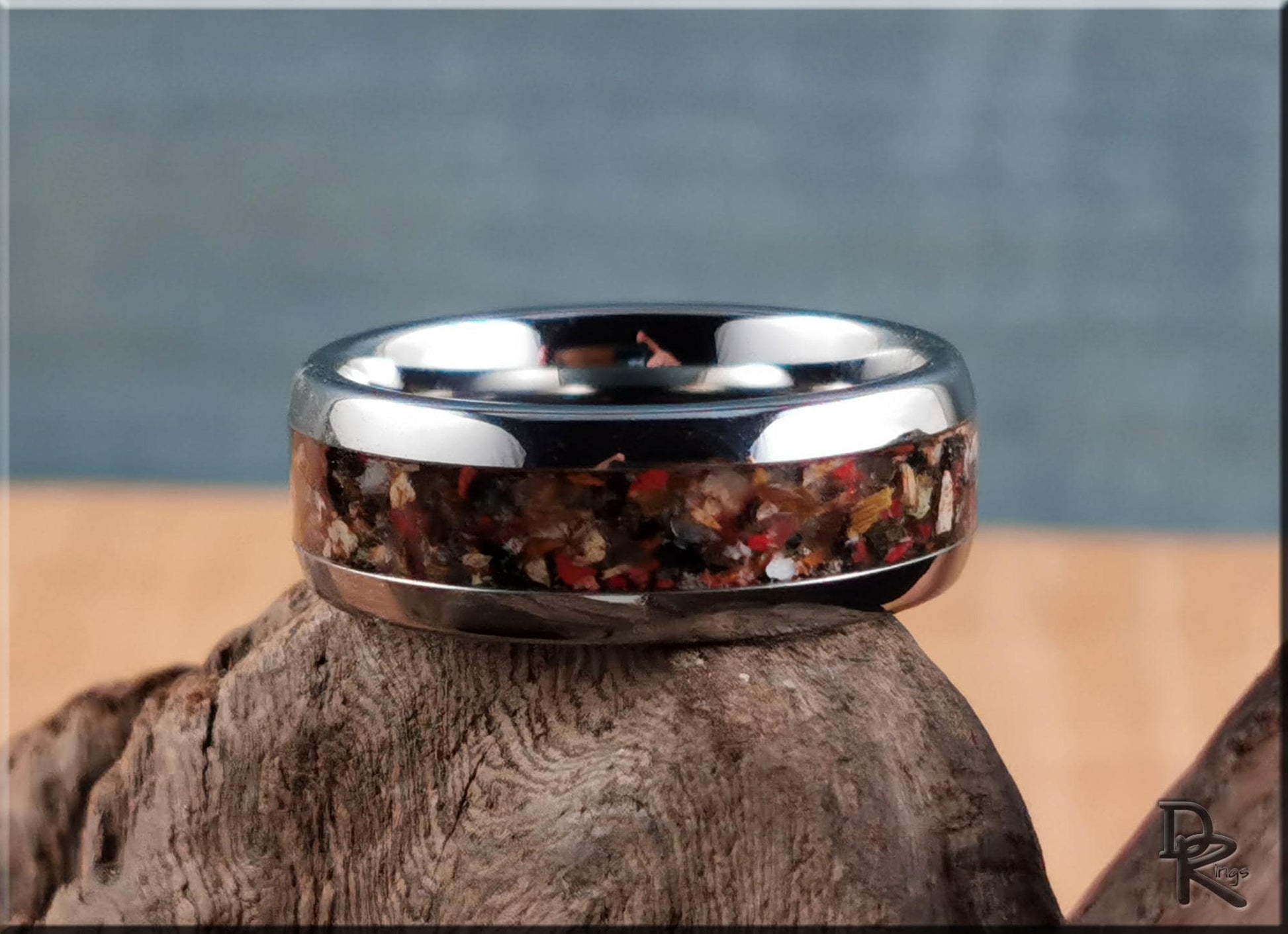 Domed Edge Tungsten Carbide Channel Ring w/African Rainbow stone inlay - metal ring