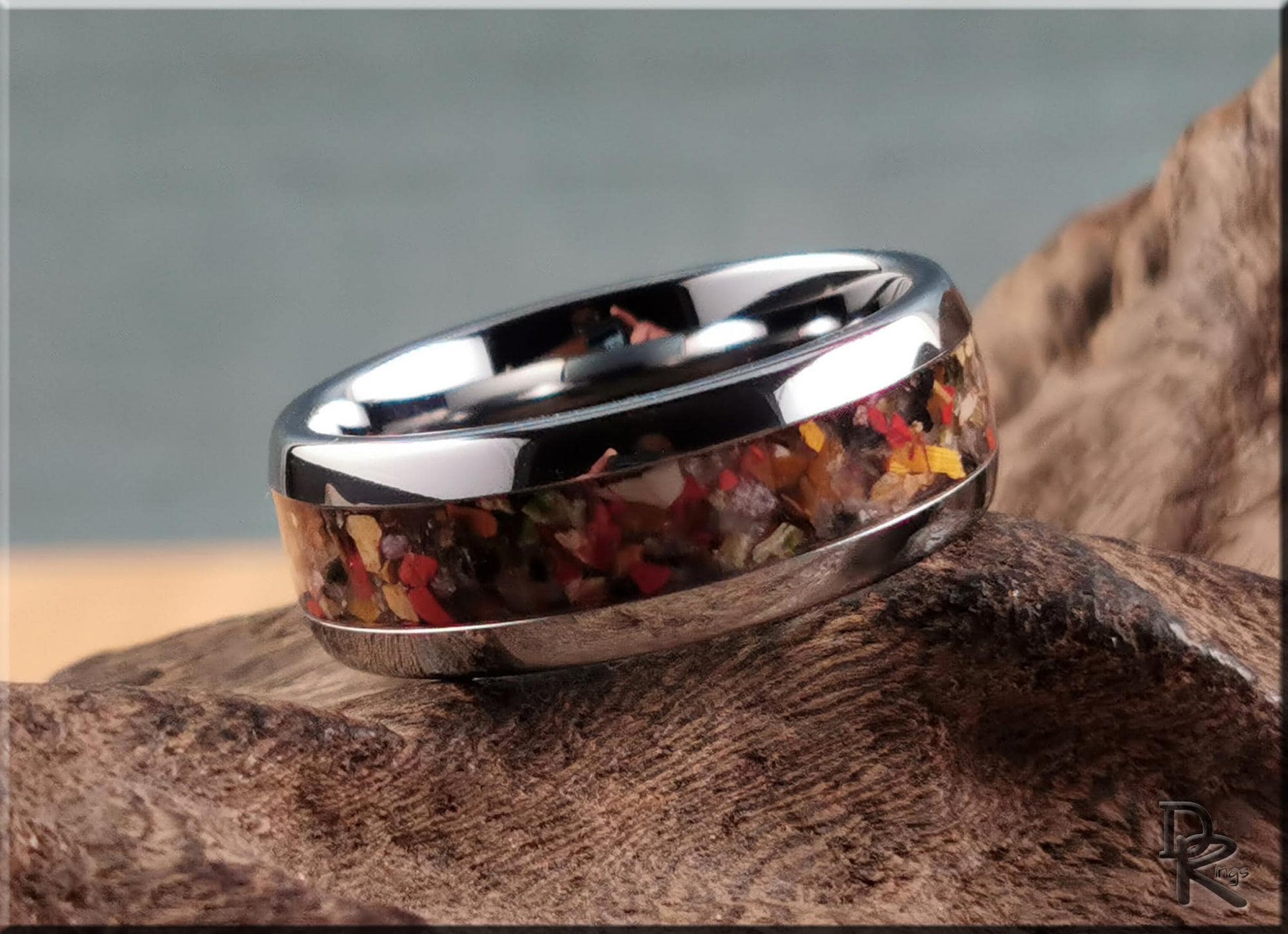 Domed Edge Tungsten Carbide Channel Ring w/African Rainbow stone inlay - metal ring