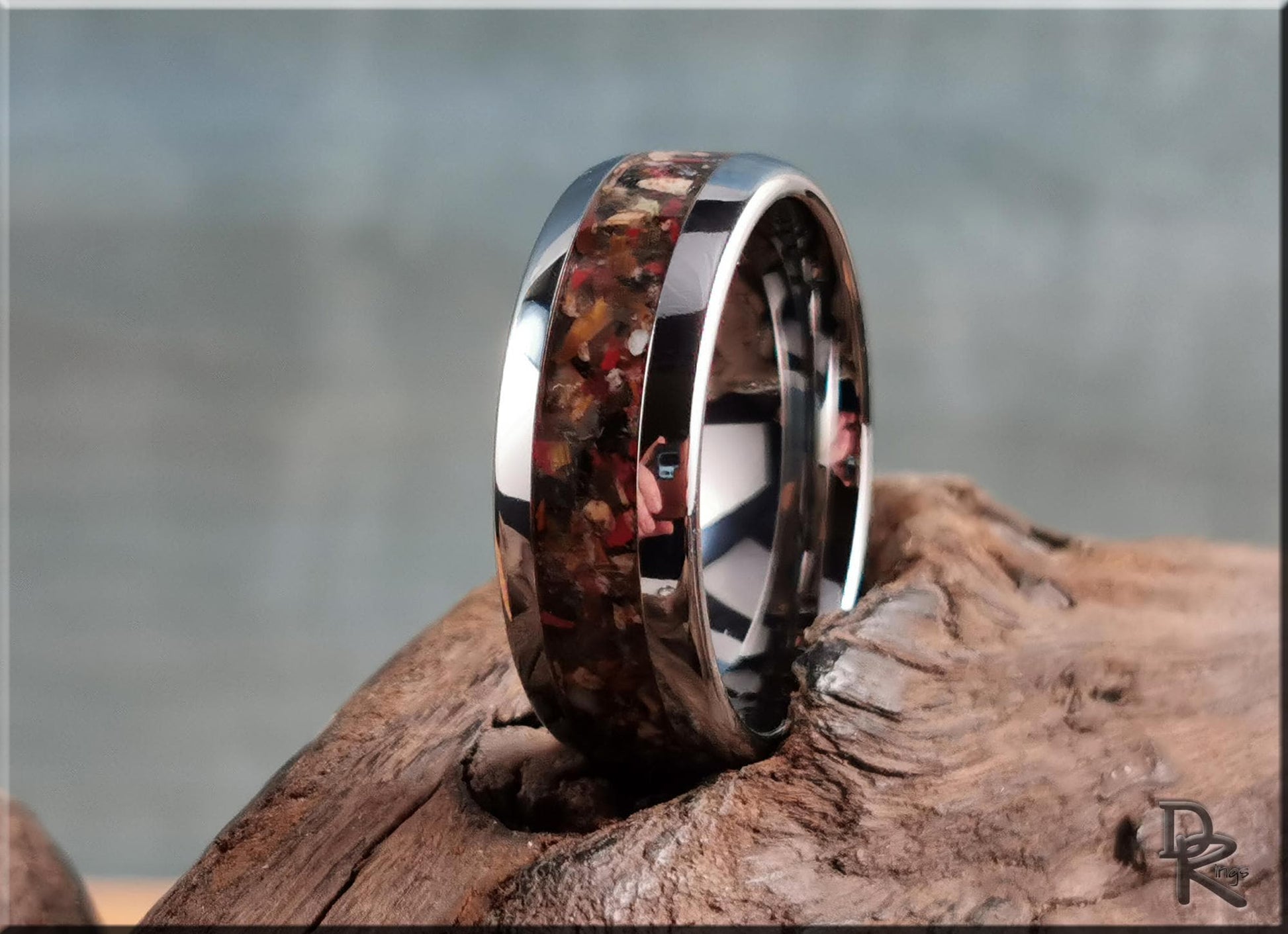 Domed Edge Tungsten Carbide Channel Ring w/African Rainbow stone inlay - metal ring